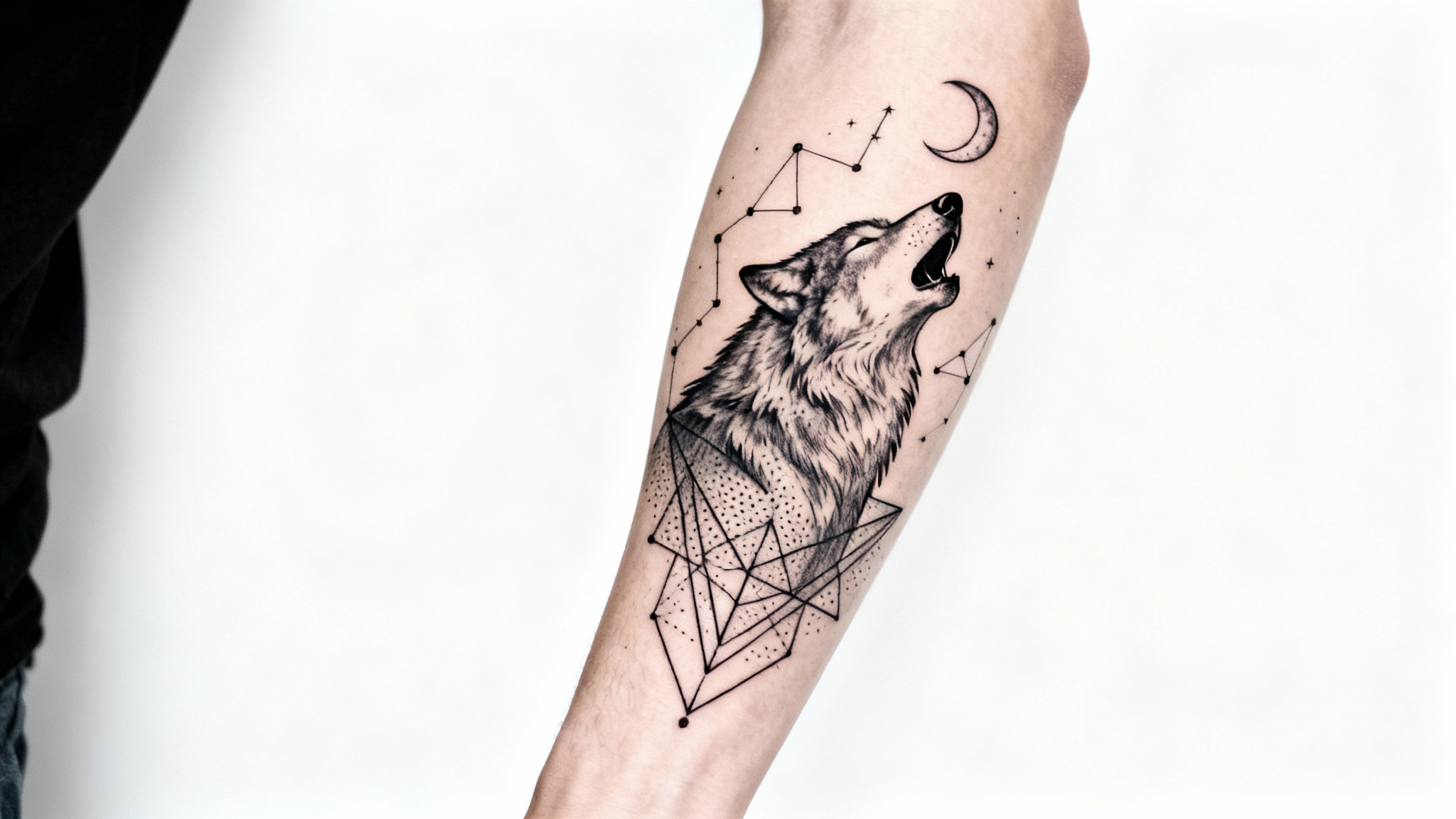 A hyper-realistic mockup of a fine-line tattoo on a forearm, depicting a wolf, moon, and geometric patterns, set against a clean white background.