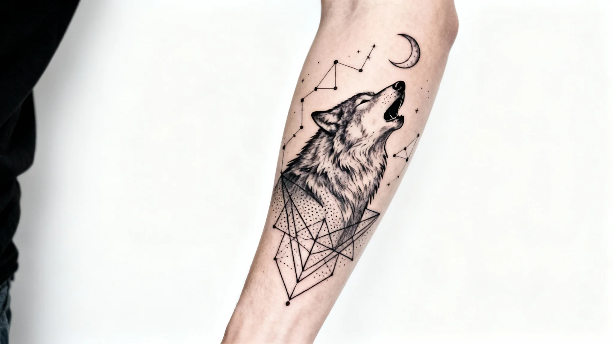 A hyper-realistic mockup of a fine-line tattoo on a forearm, depicting a wolf, moon, and geometric patterns, set against a clean white background.
