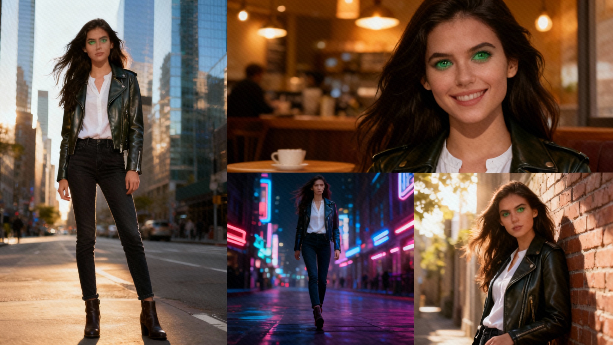 A four-panel collage demonstrating AI character consistency. Each panel shows the same woman with long dark hair and a leather jacket in different city scenes: on a busy street, in a cafe, in a neon alley, and against a brick wall, proving her appearance is identical in each.