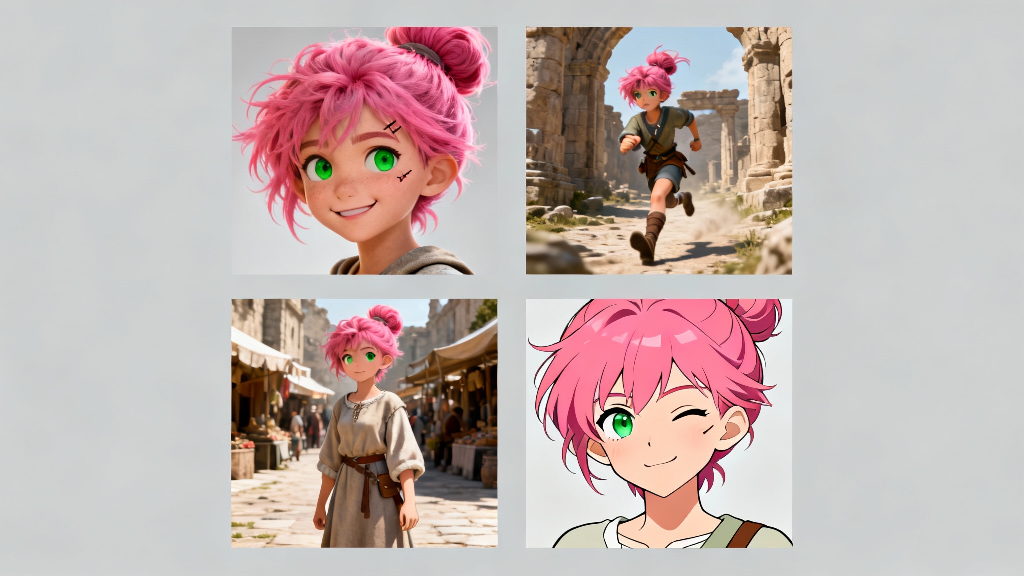 A grid of four images demonstrating character consistency, featuring the same female anime character with pink hair in different poses, outfits, and art styles against a light background.