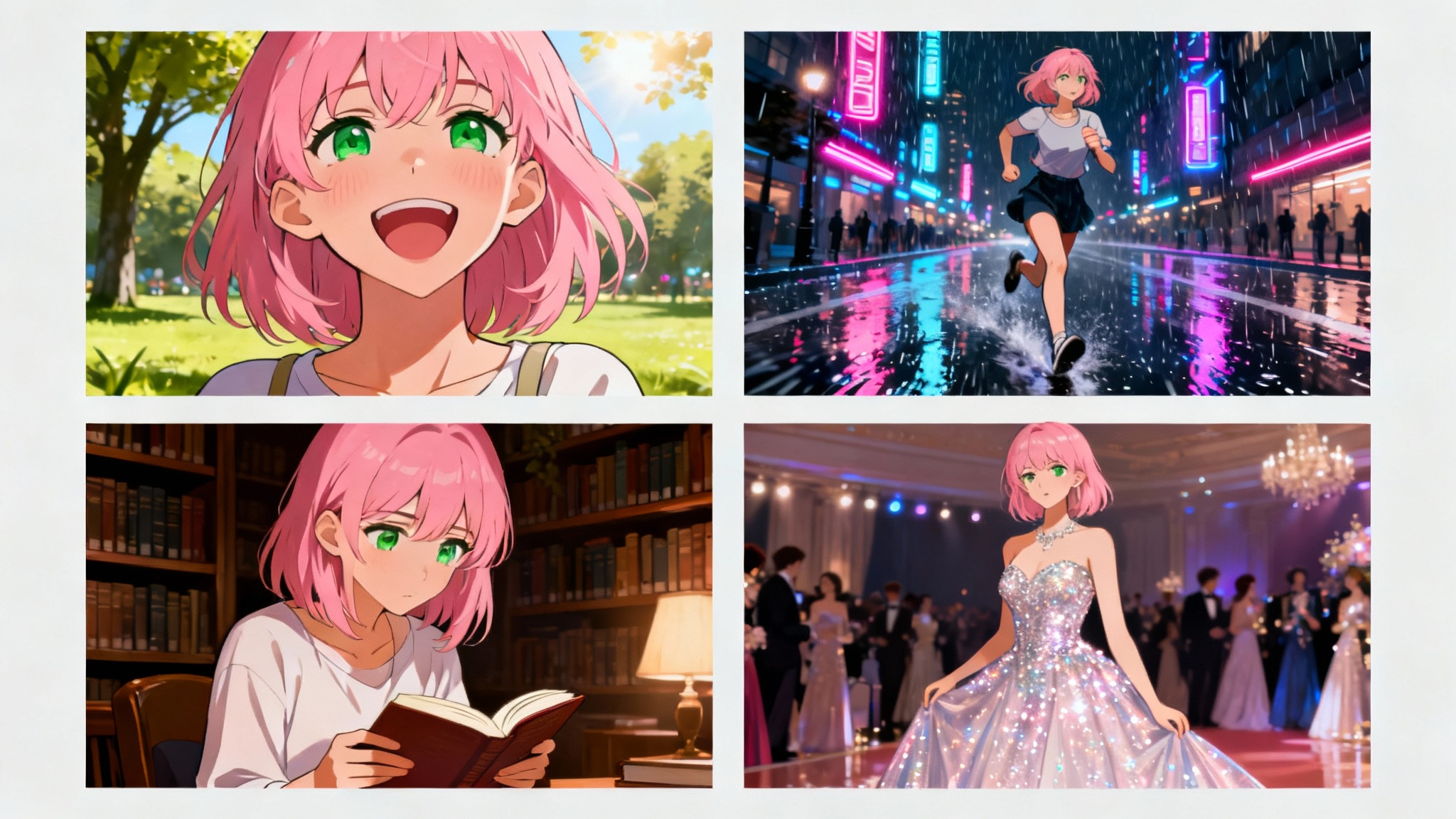 A 2x2 grid showing the same female character with pink hair in four different scenes, demonstrating AI character consistency.