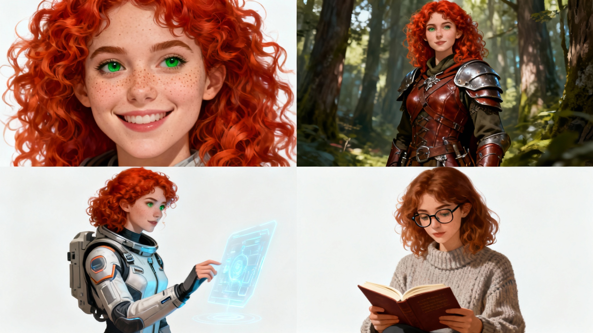 A grid of four images demonstrating character consistency. The same red-haired woman is depicted in four different scenarios: a simple portrait, a fantasy adventurer, a sci-fi pilot, and a casual reader, maintaining identical features throughout.