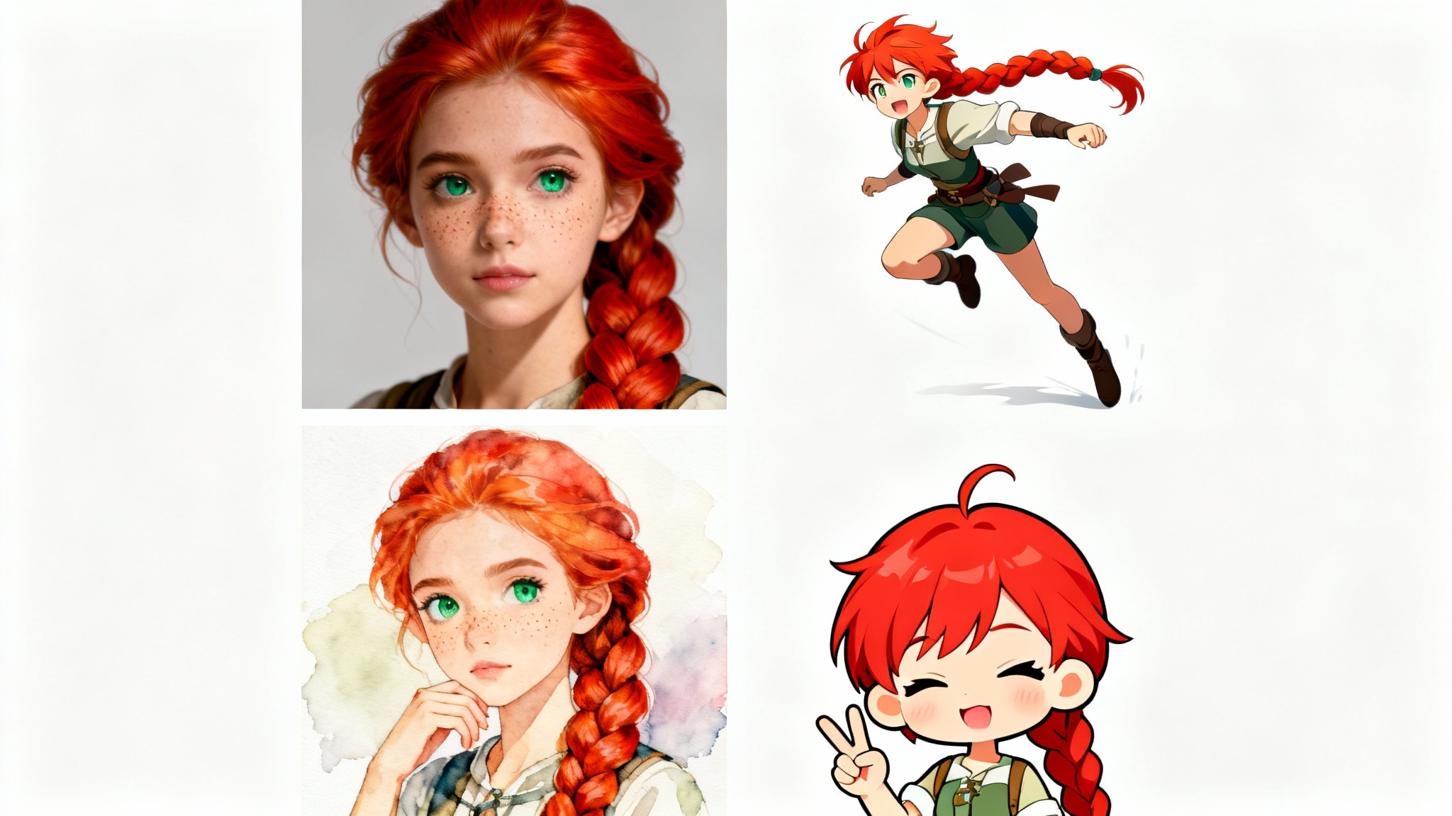 A four-panel grid demonstrating character consistency. The same female character with red braided hair and green eyes is shown in four different art styles: a photorealistic portrait, an anime action pose, a watercolor painting, and a chibi drawing, all on a white background.