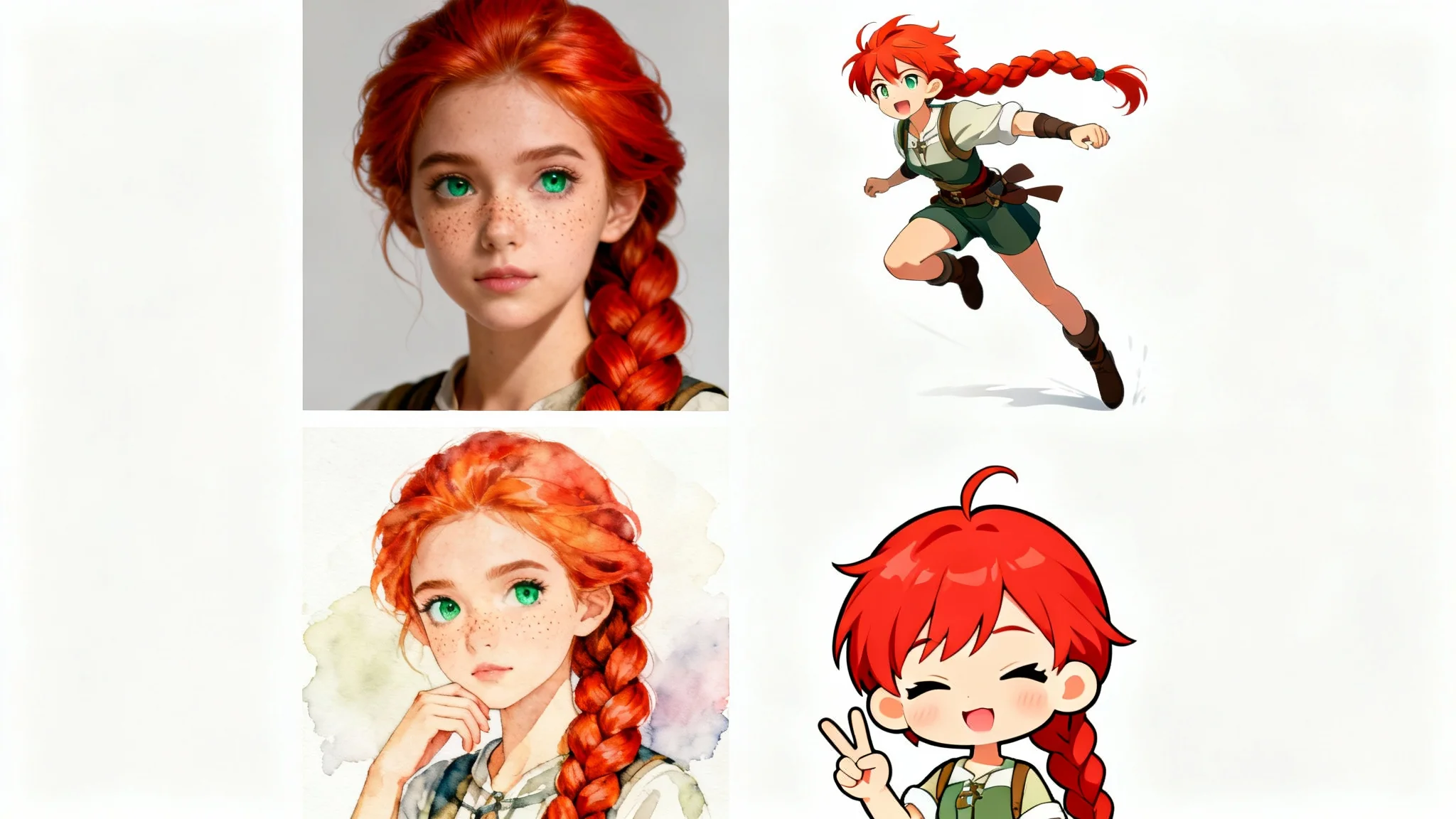 A four-panel grid demonstrating character consistency. The same female character with red braided hair and green eyes is shown in four different art styles: a photorealistic portrait, an anime action pose, a watercolor painting, and a chibi drawing, all on a white background.