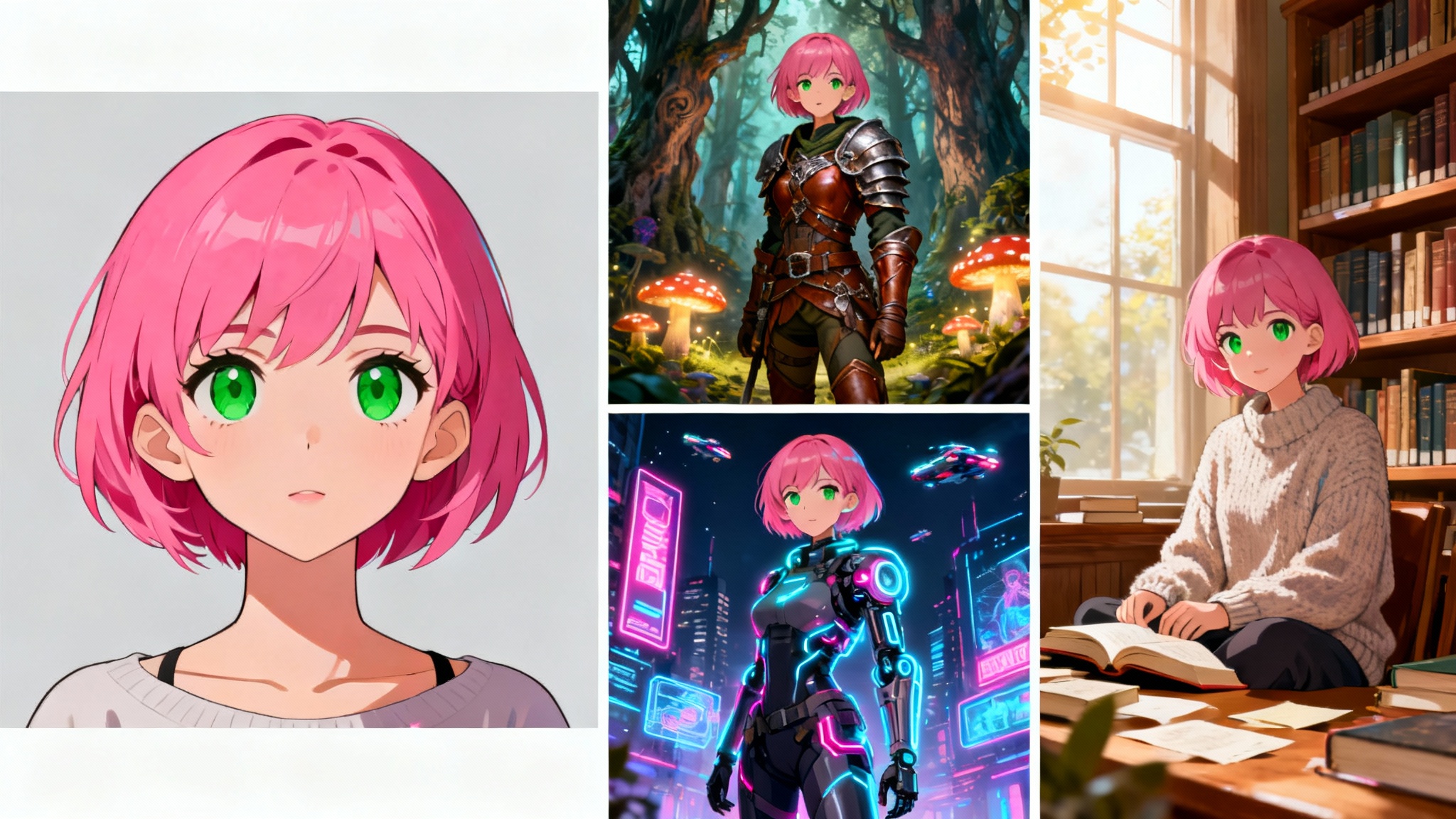 A grid of four images demonstrating character consistency, featuring the same female character with pink hair and green eyes in four different styles: a simple portrait, a fantasy adventurer, a cyberpunk warrior, and a casual setting.