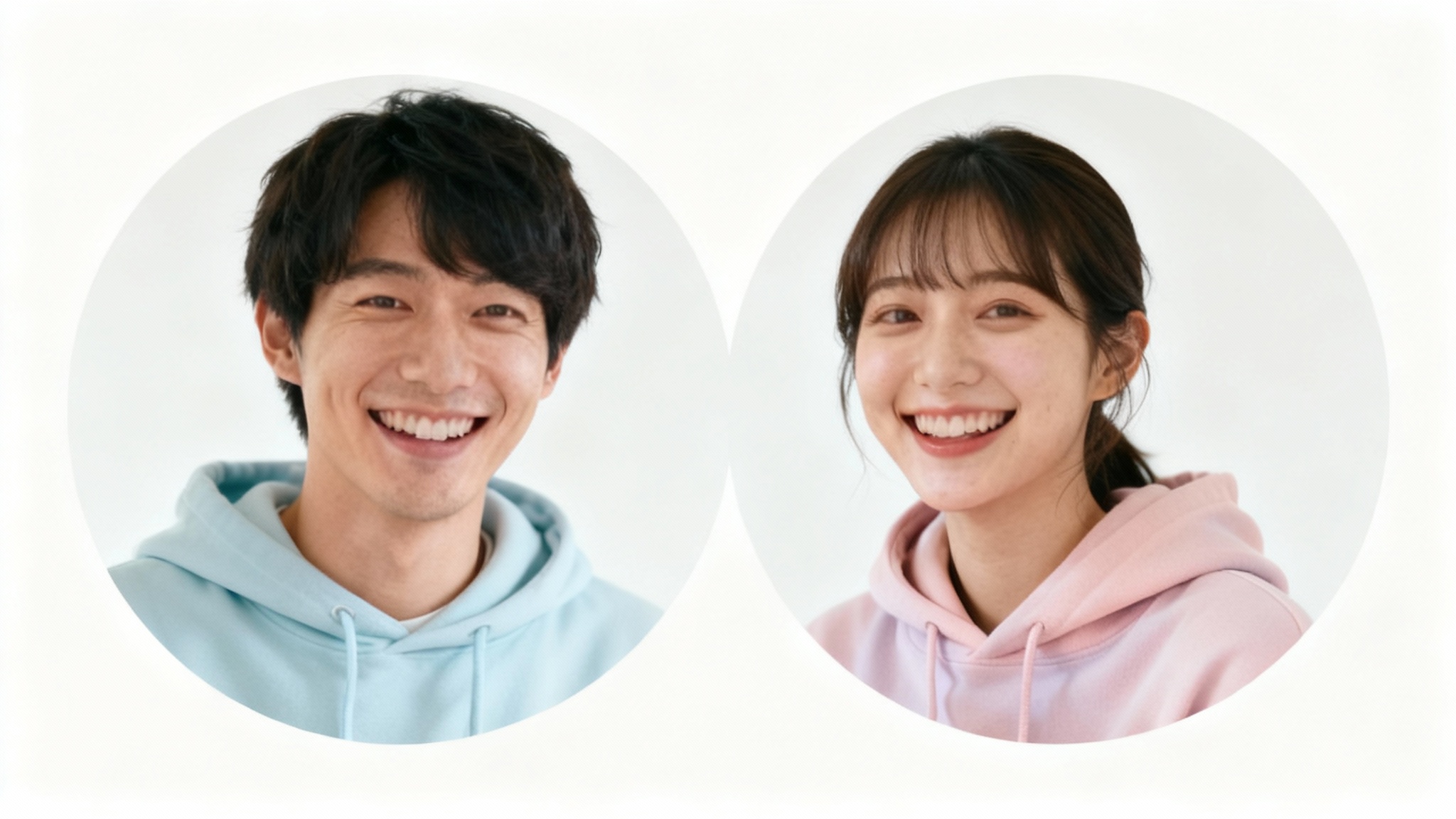 A hero image showing the result of a matching couple PFP tool. Two circular profile pictures are displayed side-by-side on a white background. The left PFP shows a young man, and the right PFP shows a young woman. Their images and backgrounds align perfectly to create the illusion of a single picture split into two.