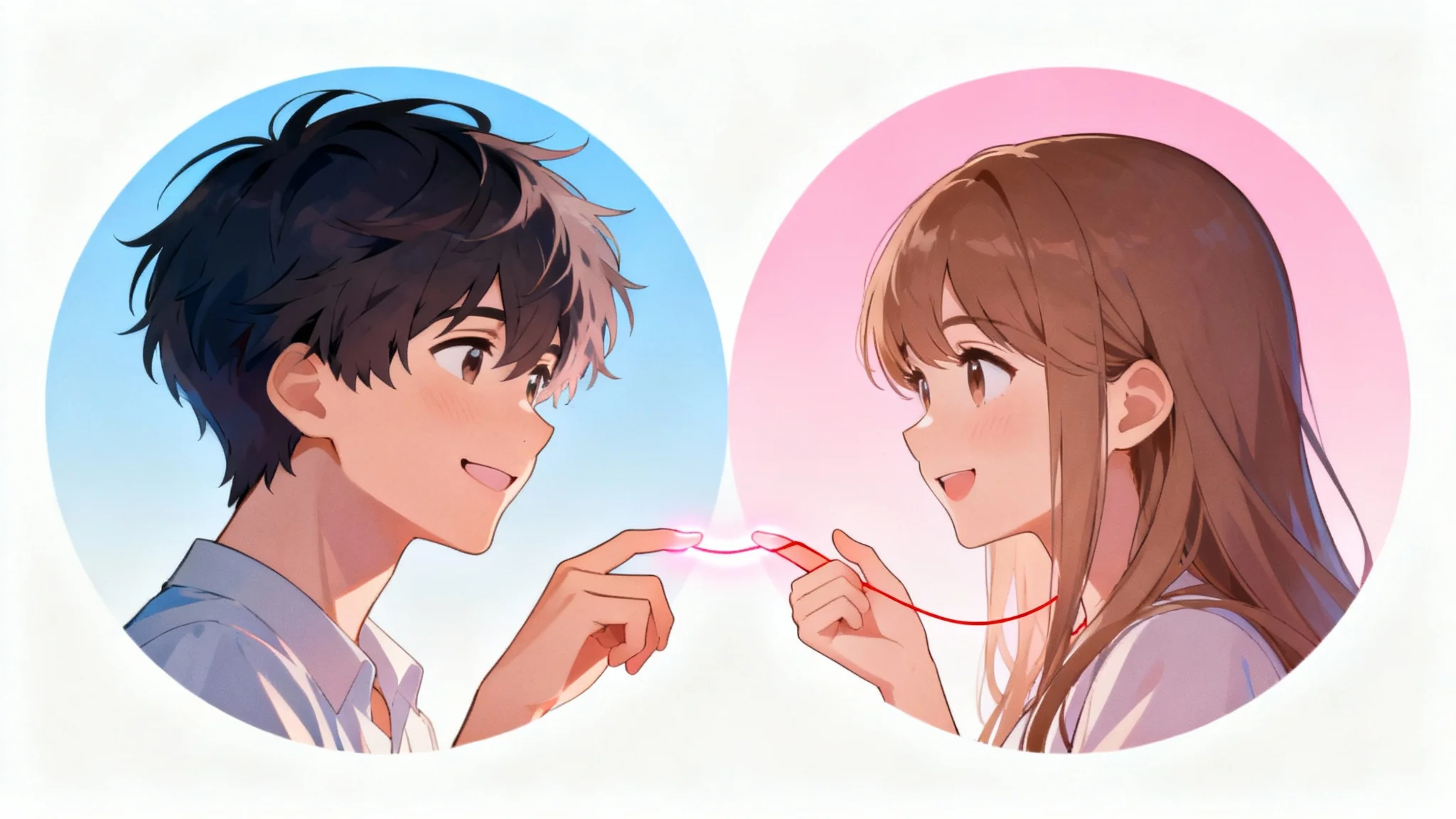 A mockup of matching anime-style profile pictures for a couple, featuring a boy and a girl looking at each other from separate circular frames, connected by a red string of fate.