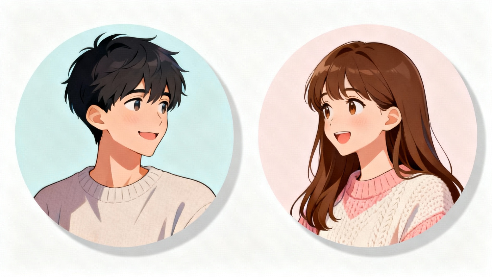 A mockup displaying two matching circular anime-style profile pictures for a couple. On the left, a young man looks right, and on the right, a young woman looks left, creating the illusion they are gazing at each other. Both are set against a clean white background.
