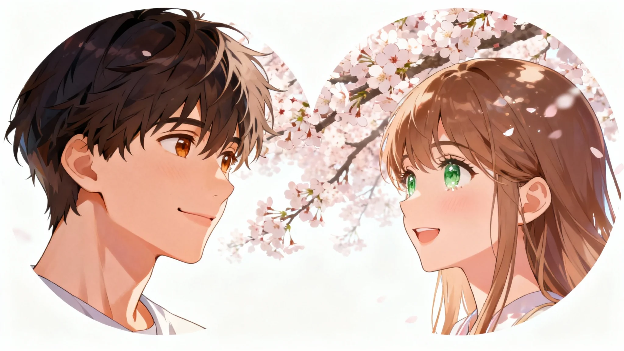 A matching set of two circular anime-style profile pictures. The left shows a young man looking right, and the right shows a young woman looking left, creating a connected scene of a couple under a cherry blossom tree.