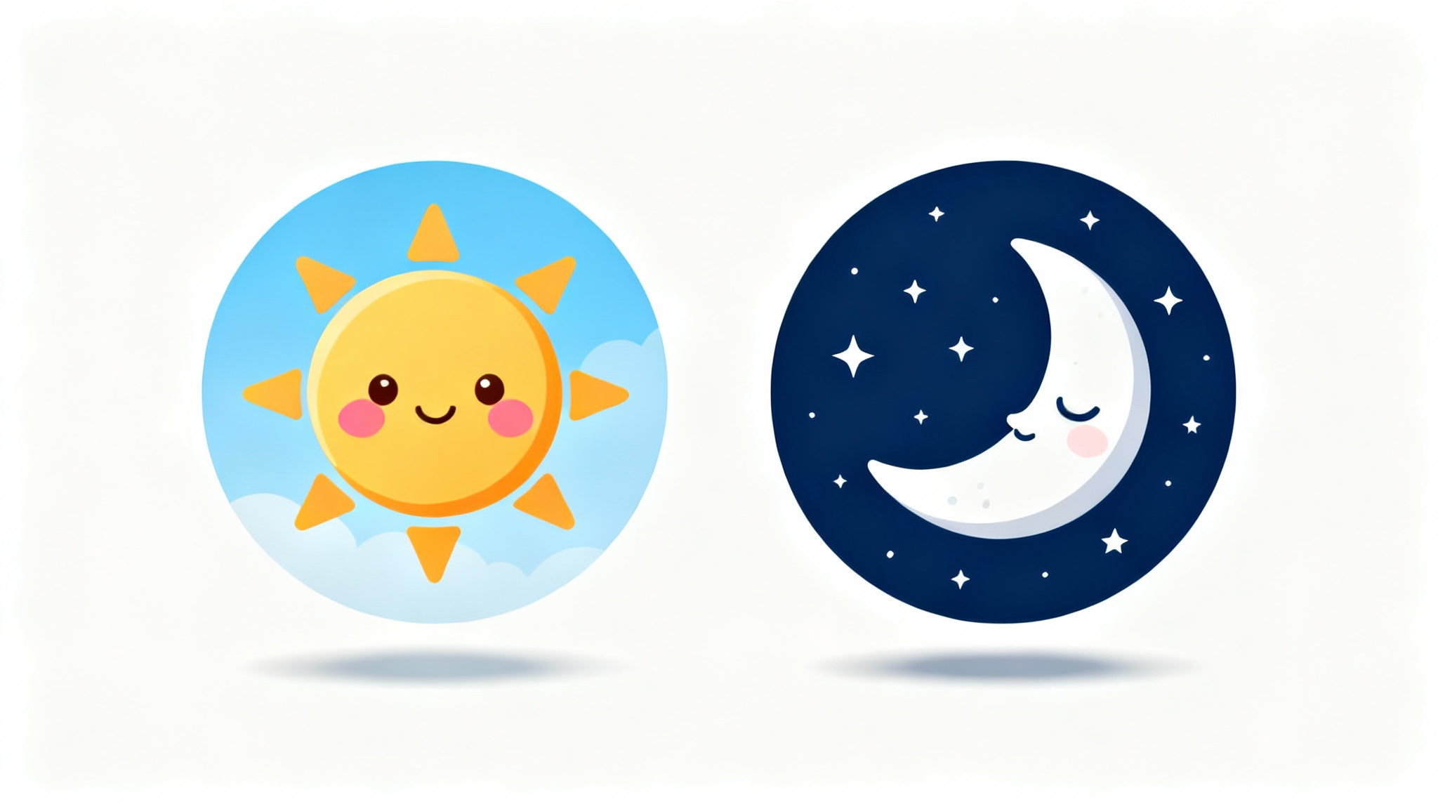 A mockup of a matching couple profile picture set, showing two circular images side-by-side on a white background. The left image is a cute cartoon sun, and the right image is a matching cartoon crescent moon.