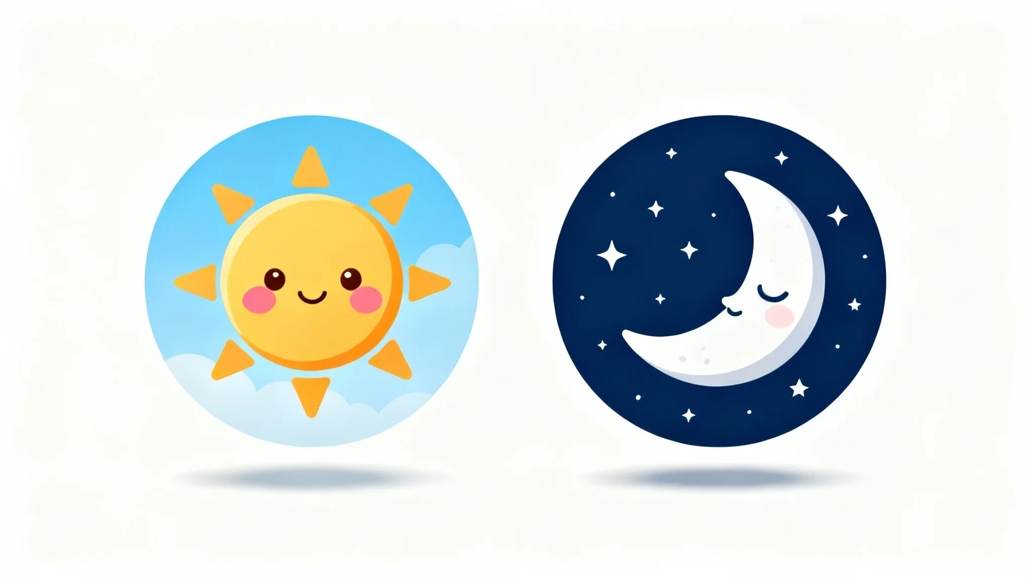 A mockup of a matching couple profile picture set, showing two circular images side-by-side on a white background. The left image is a cute cartoon sun, and the right image is a matching cartoon crescent moon.