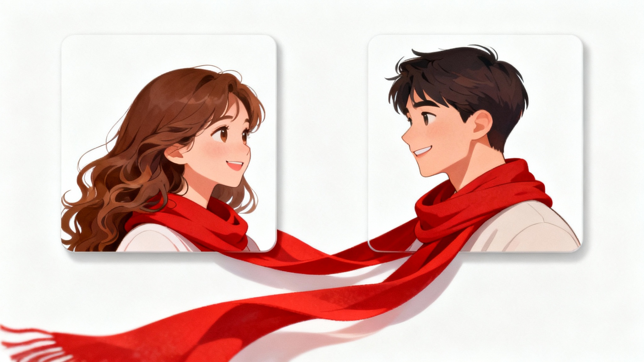 A matching set of two profile pictures for a couple. The left image shows a woman and the right image shows a man, and a single red scarf connects them across both images, symbolizing their relationship.