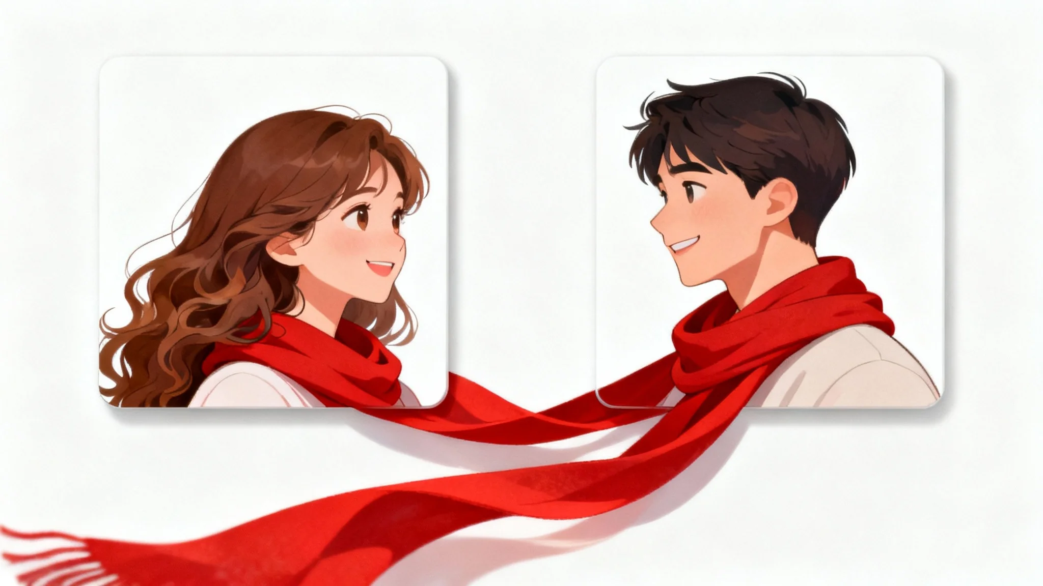 A matching set of two profile pictures for a couple. The left image shows a woman and the right image shows a man, and a single red scarf connects them across both images, symbolizing their relationship.
