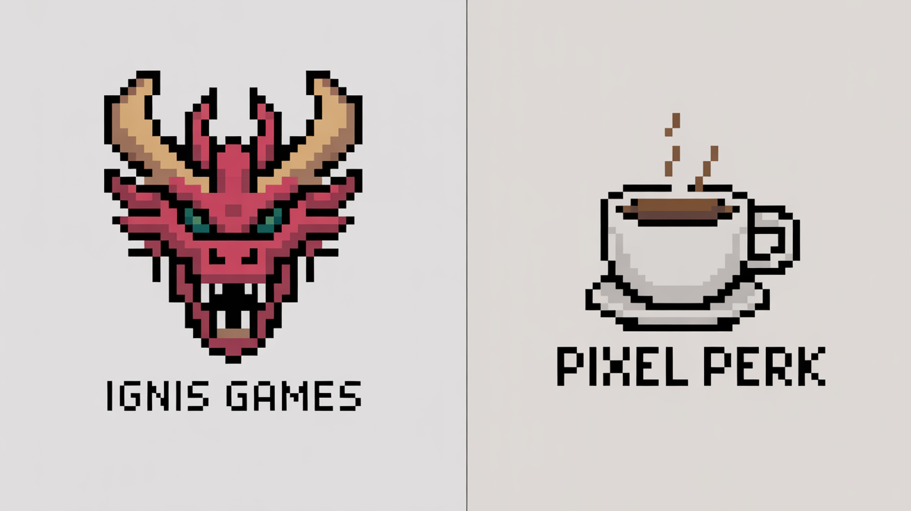 A side-by-side comparison of two fictional logos converted into pixel art: a detailed 16-bit dragon head and a simple 8-bit coffee cup, showcasing a pixel art generator's output.