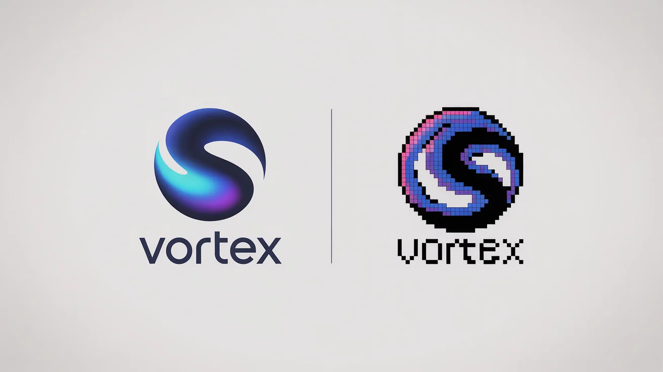 A side-by-side comparison of a logo for the brand 'Vortex' on a white background. The left side shows a modern, sleek blue logo, while the right side shows the same logo recreated in a vibrant, blocky, 16-bit pixel art style.