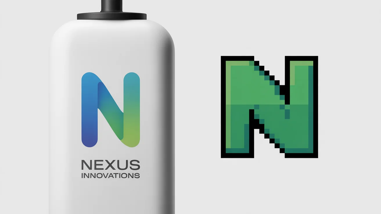 A side-by-side comparison of a logo before and after being converted to pixel art. On the left is a smooth, modern 'N' logo, and on the right is the same logo rendered in a blocky, 16-bit pixel art style.