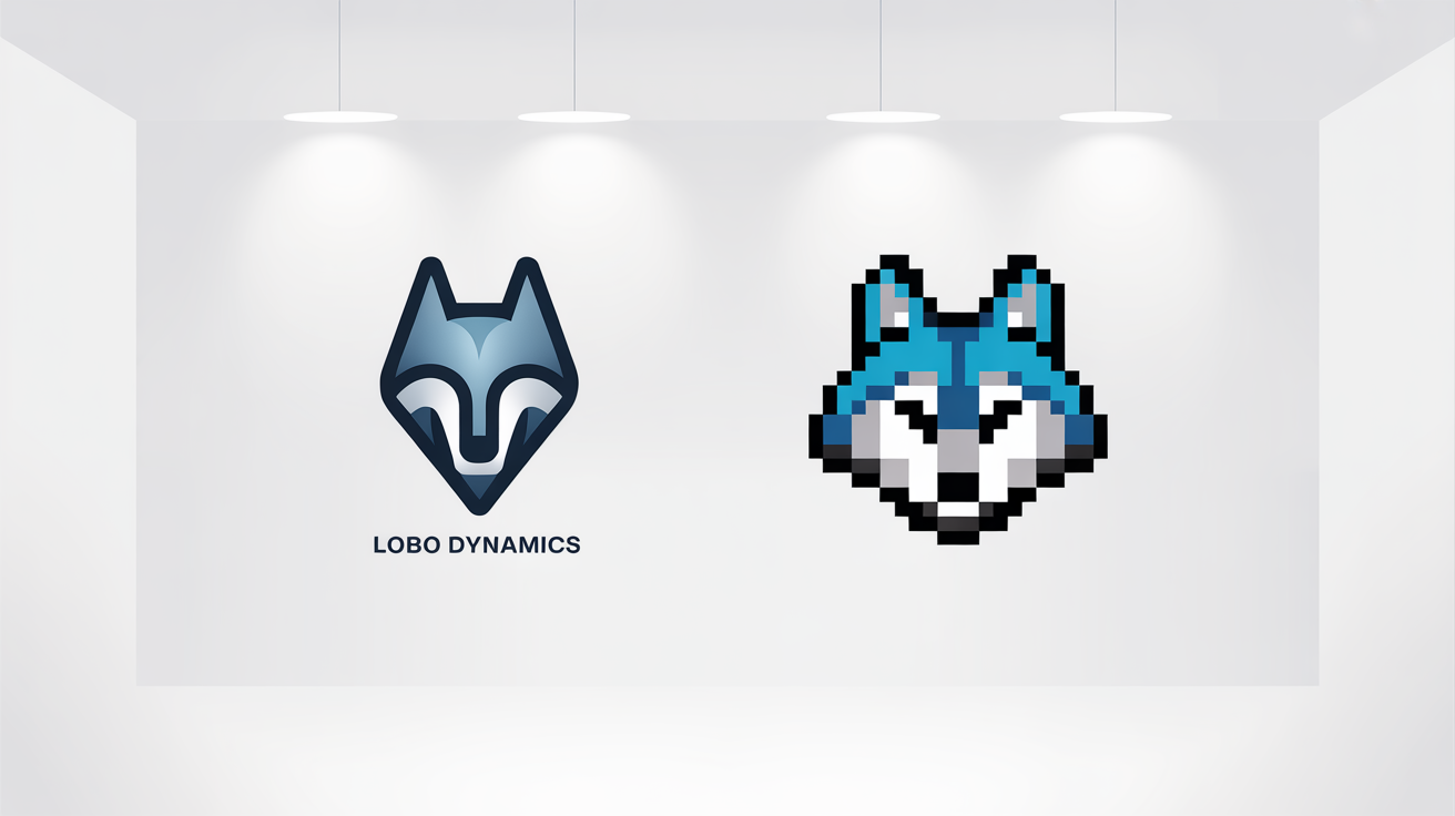 A comparative mockup showing a logo's transformation into pixel art. On the left, a modern, sleek wolf head logo for 'Lobo Dynamics'. On the right, the same logo is presented in a colorful, blocky 8-bit pixel art style.