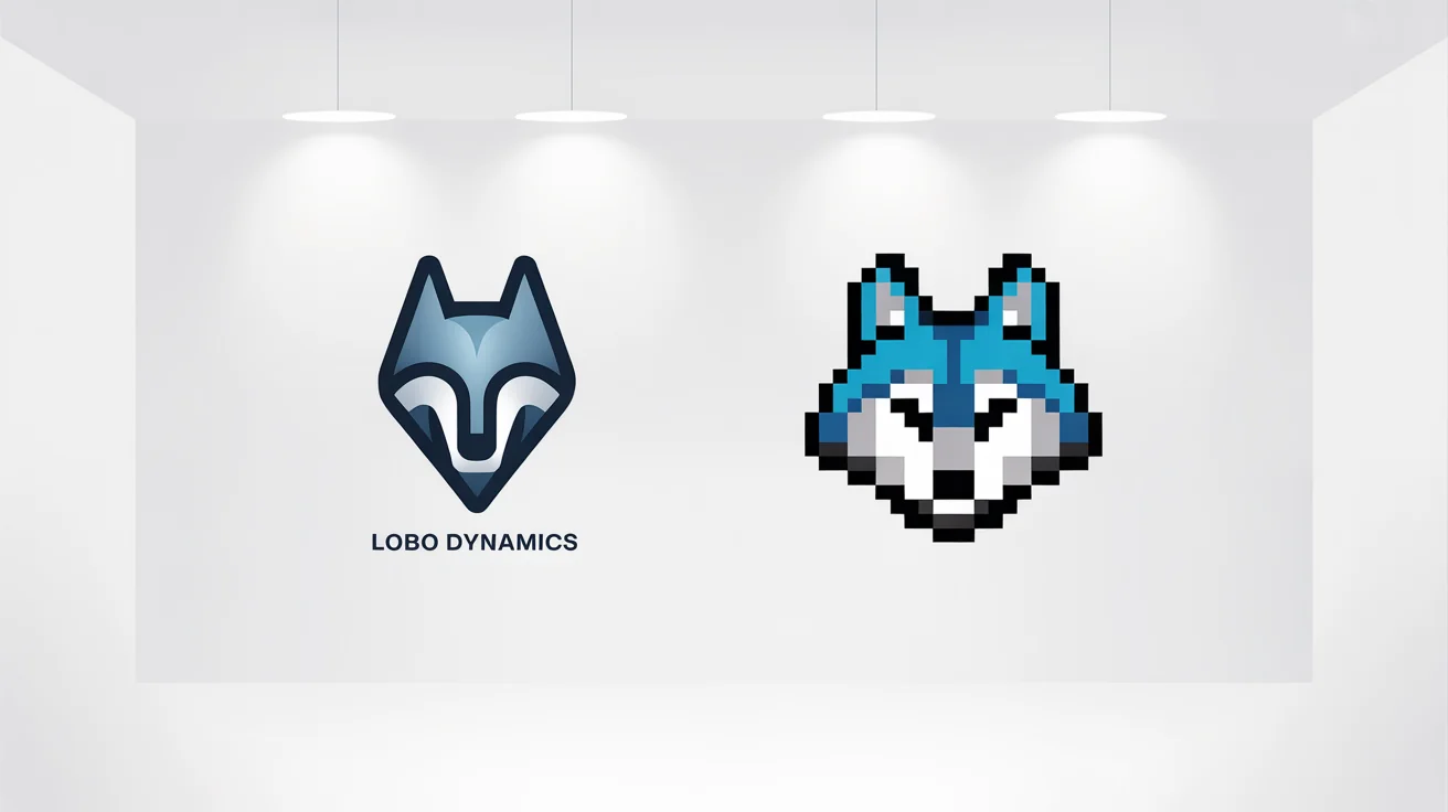 A comparative mockup showing a logo's transformation into pixel art. On the left, a modern, sleek wolf head logo for 'Lobo Dynamics'. On the right, the same logo is presented in a colorful, blocky 8-bit pixel art style.