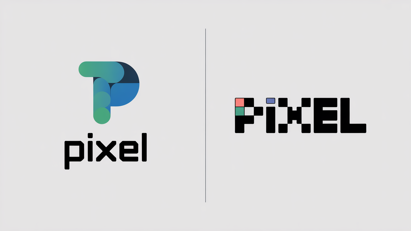 A before-and-after image showing a modern vector logo with the word 'PIXEL' on the left, and its 8-bit pixel art version on the right, demonstrating a logo-to-pixel-art transformation.