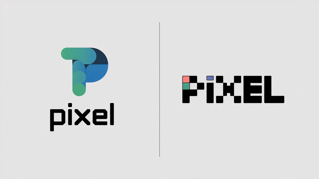 A before-and-after image showing a modern vector logo with the word 'PIXEL' on the left, and its 8-bit pixel art version on the right, demonstrating a logo-to-pixel-art transformation.