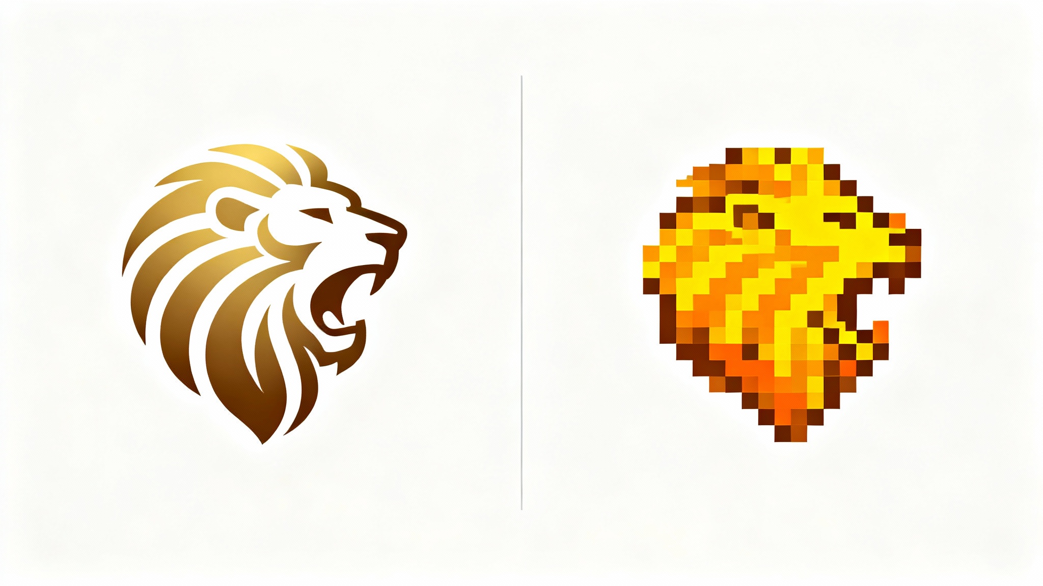 A side-by-side comparison showing a modern, smooth vector logo of a lion head on the left, and its transformation into a retro, 16-bit pixel art version on the right, against a clean white background.