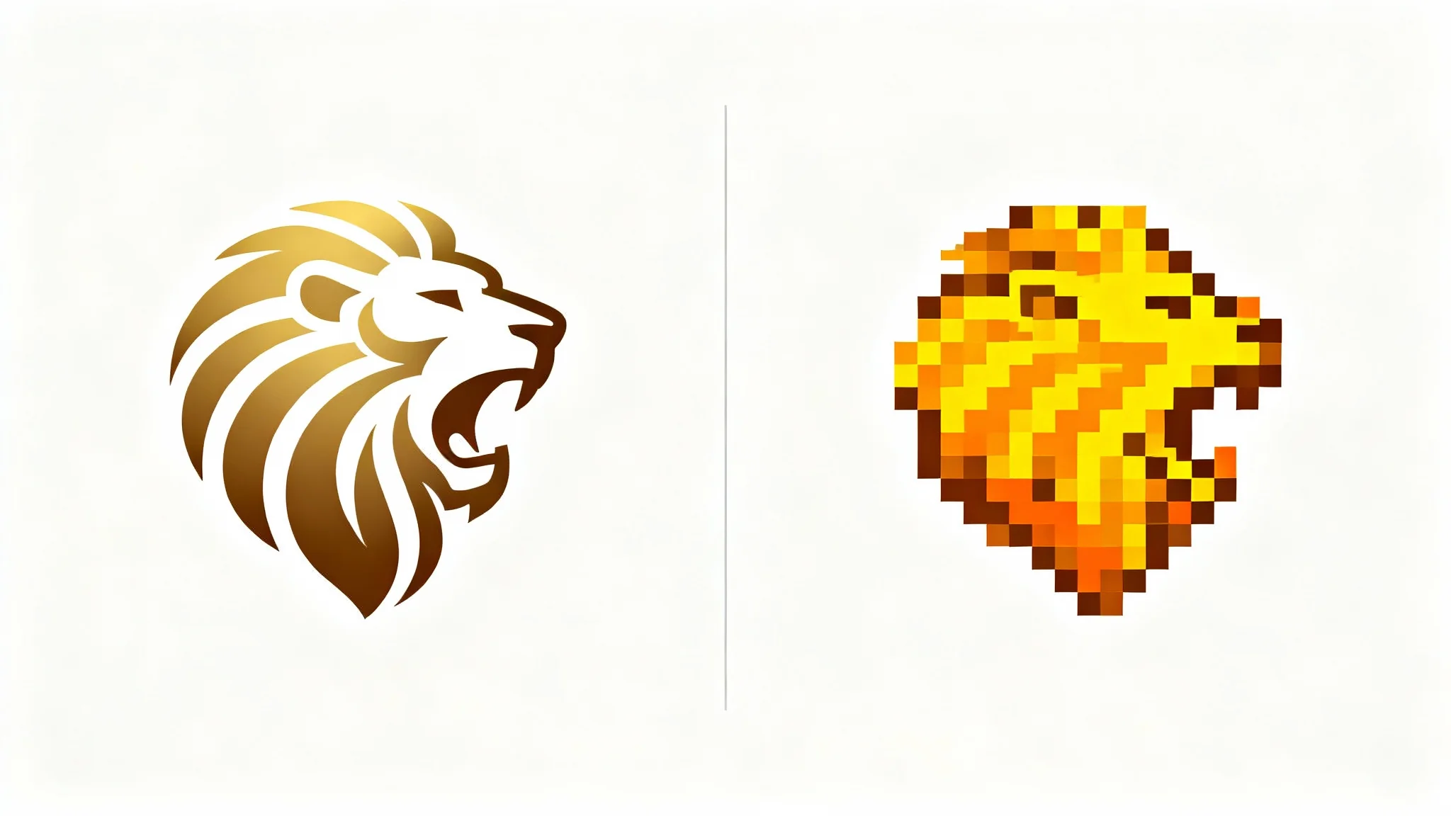 A side-by-side comparison showing a modern, smooth vector logo of a lion head on the left, and its transformation into a retro, 16-bit pixel art version on the right, against a clean white background.