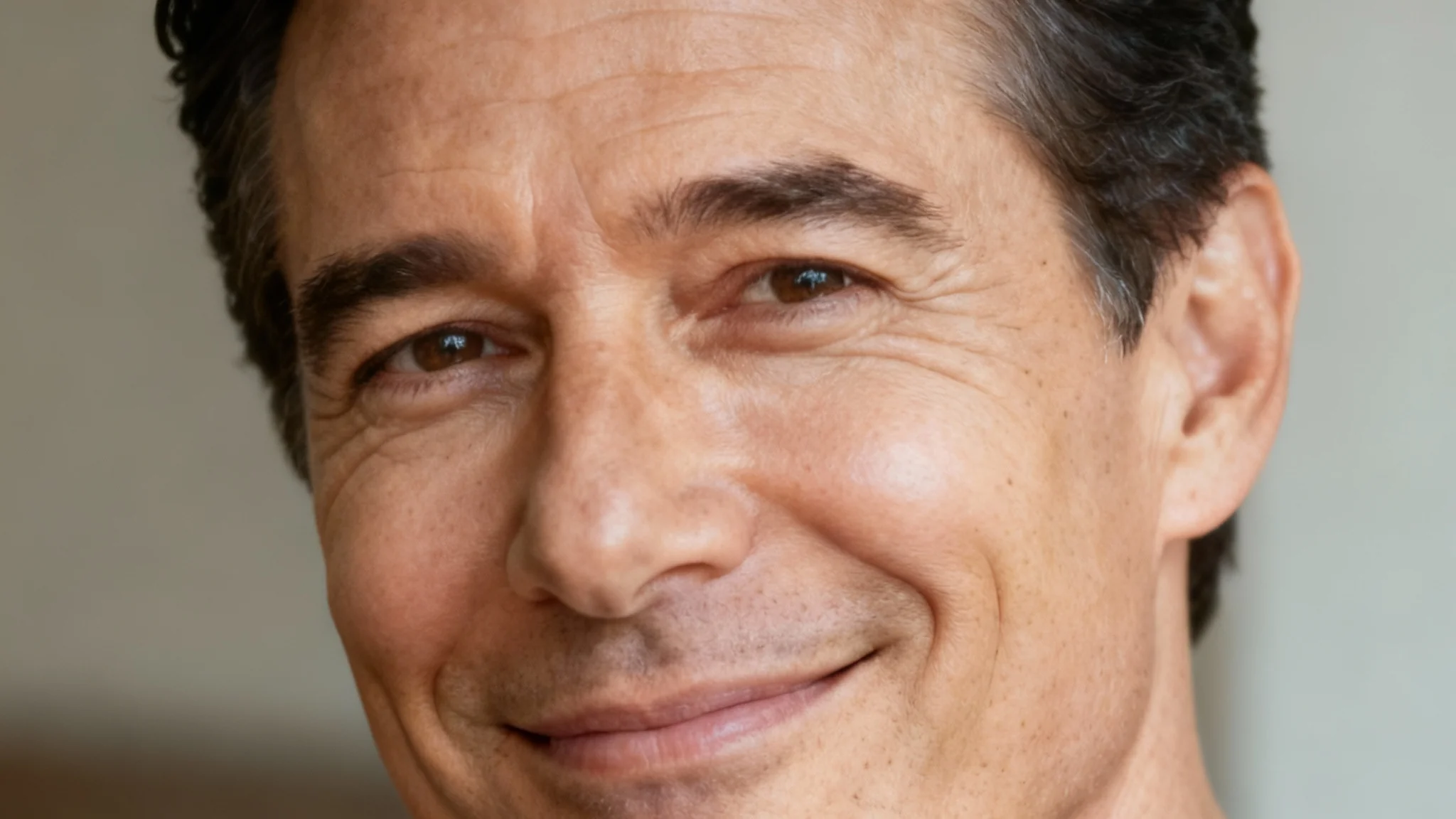 A close-up photo of a middle-aged man's face after using a photo editing tool to remove laugh lines, resulting in very smooth, youthful-looking skin around his smile.