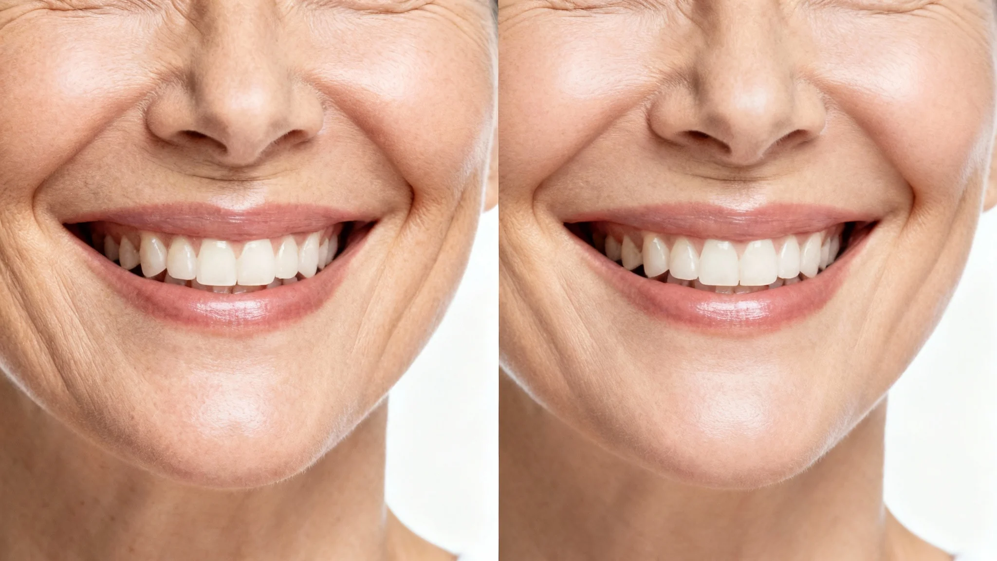 A close-up, split-screen image of a woman's face. The left half shows natural laugh lines from her smile, while the right half shows her skin digitally smoothed and the laugh lines removed.