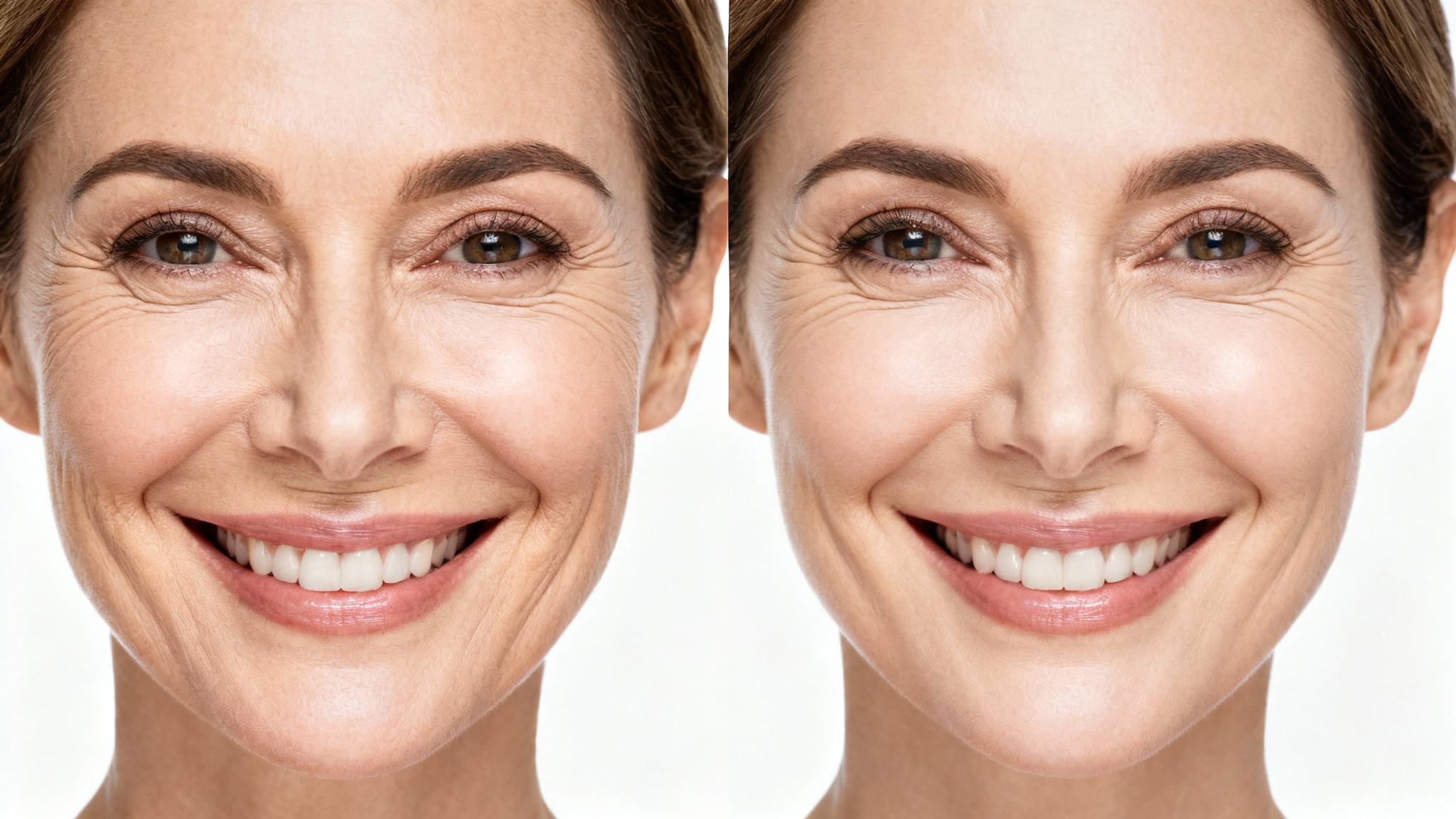 A split-screen comparison image demonstrating the removal of laugh lines. The left side shows a woman's face with wrinkles, and the right side shows her face looking smoother and more youthful after the effect is applied.