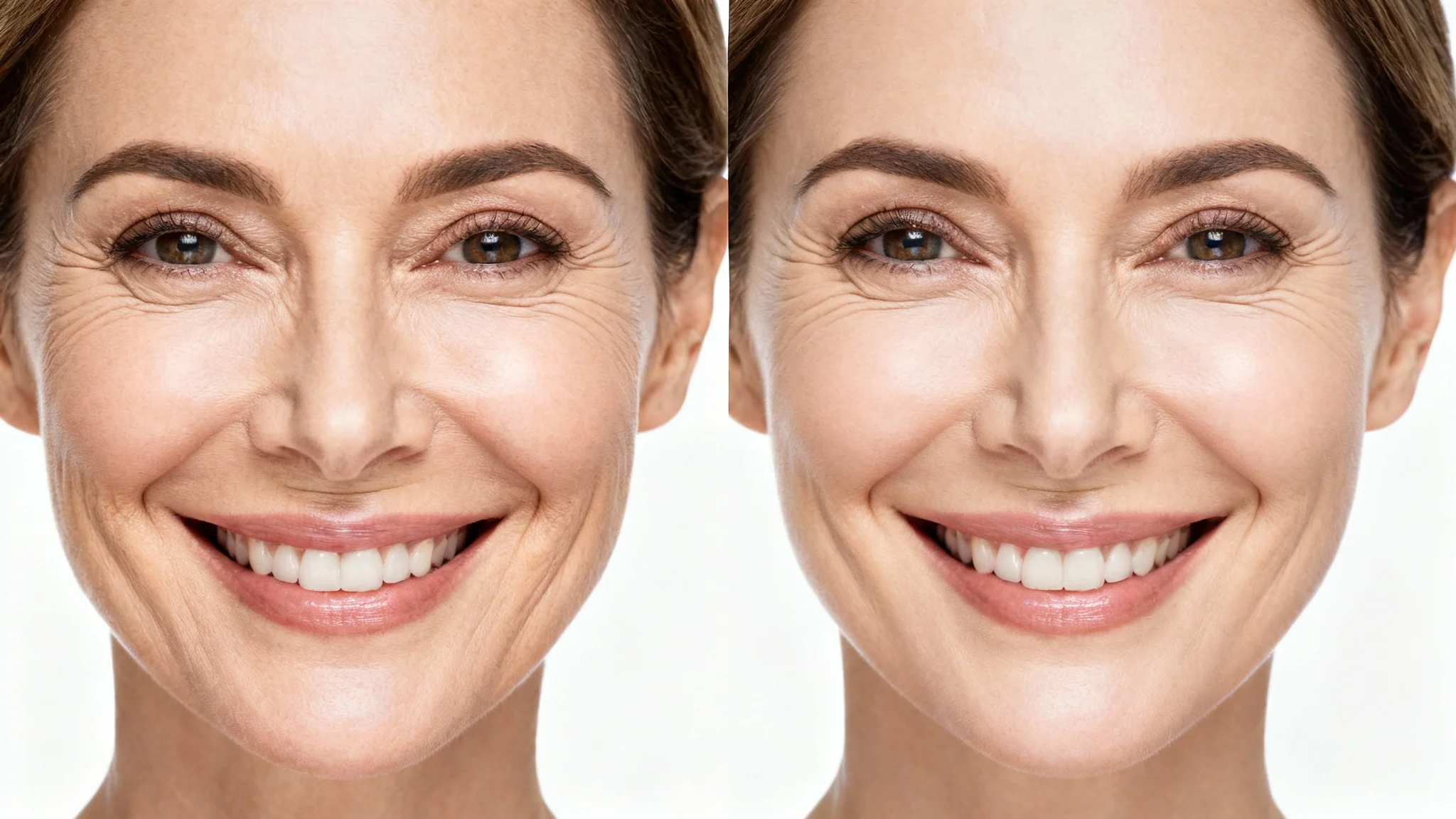 A split-screen comparison image demonstrating the removal of laugh lines. The left side shows a woman's face with wrinkles, and the right side shows her face looking smoother and more youthful after the effect is applied.