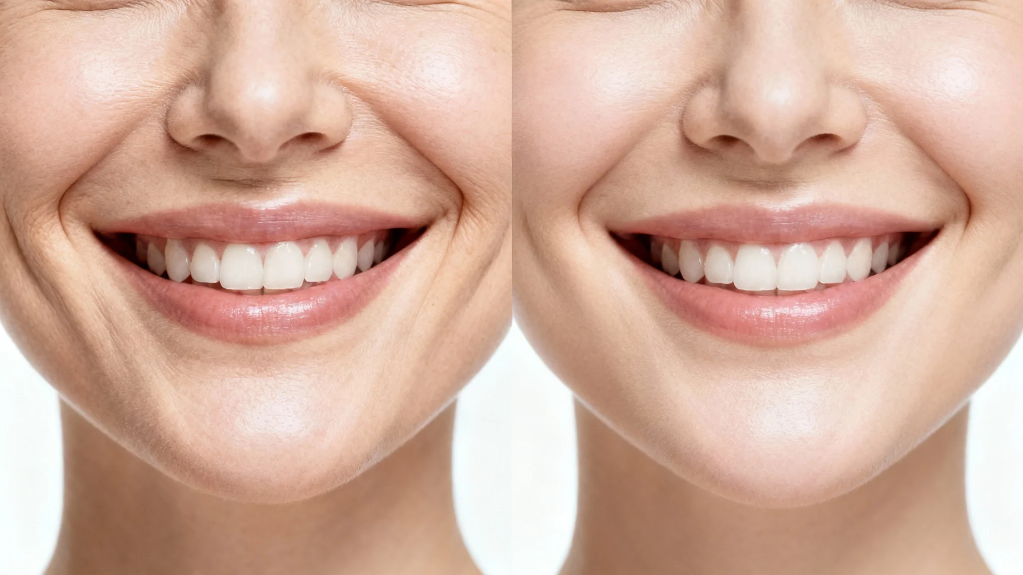 A close-up, split-screen image demonstrating the reduction of laugh lines. The 'before' side shows a woman's smiling face with natural lines, and the 'after' side shows the same face with significantly smoother skin.