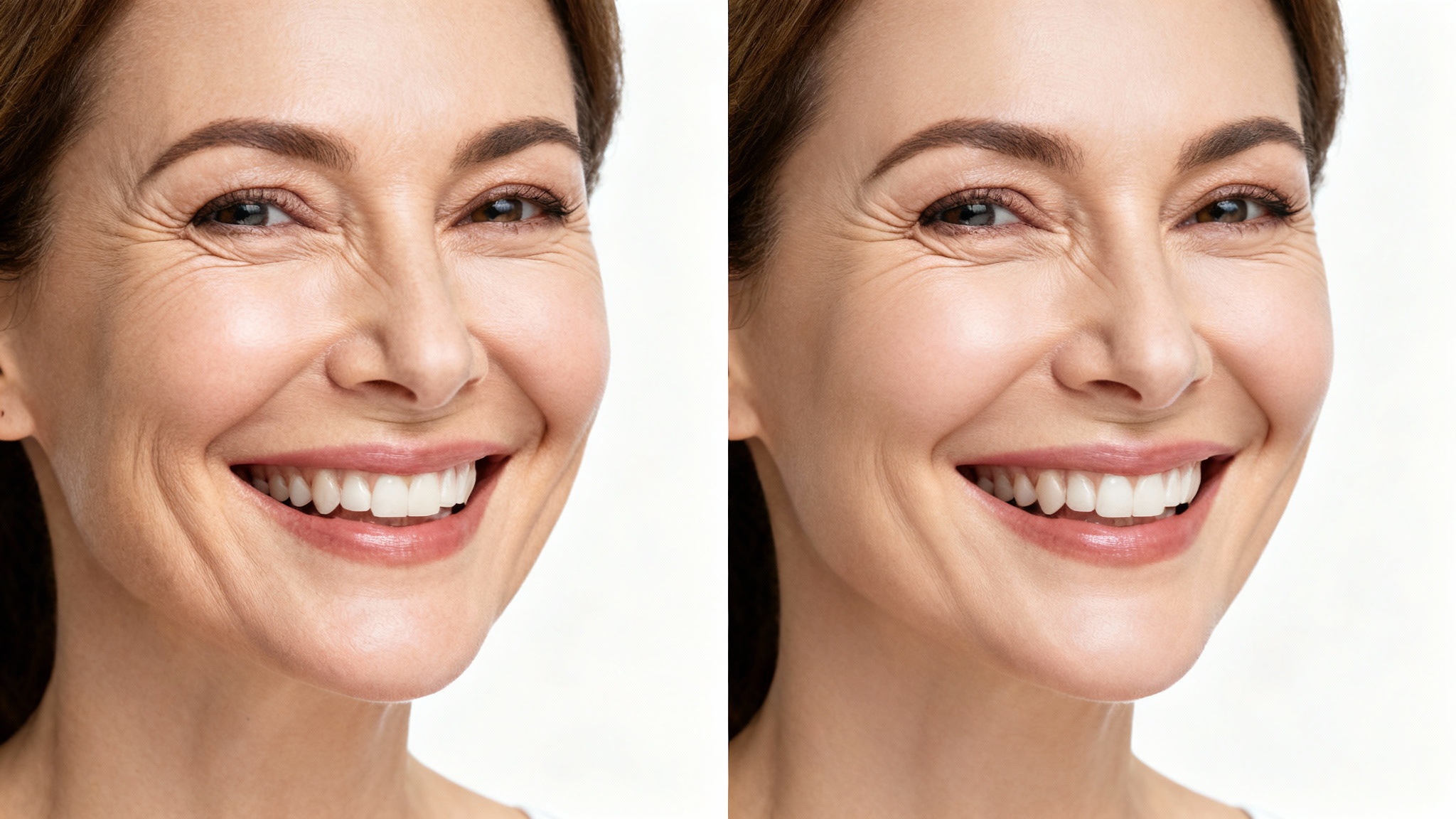 A before-and-after comparison portrait of a middle-aged woman, showing the visible reduction of laugh lines and wrinkles around her mouth and eyes.