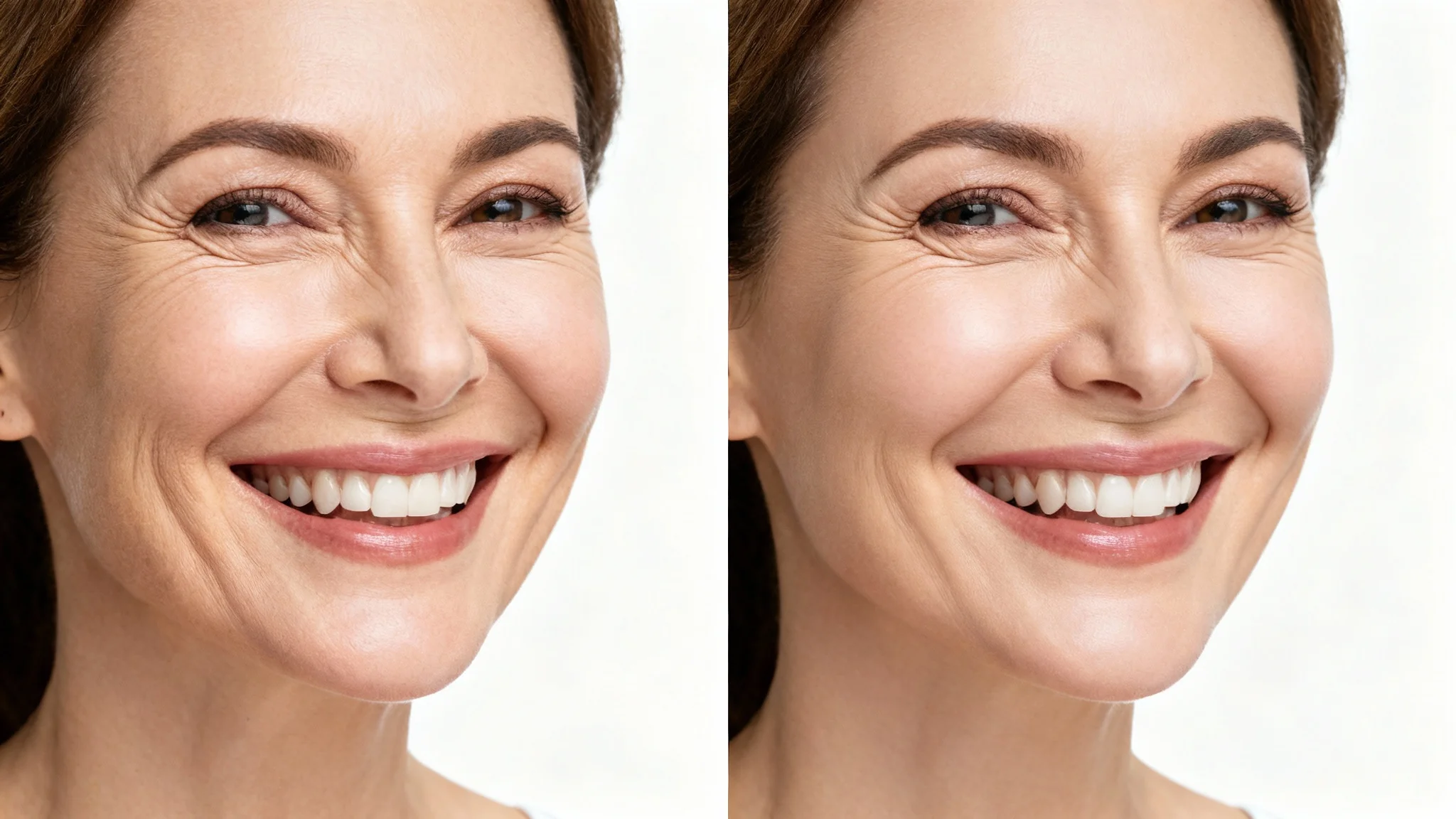 A before-and-after comparison portrait of a middle-aged woman, showing the visible reduction of laugh lines and wrinkles around her mouth and eyes.