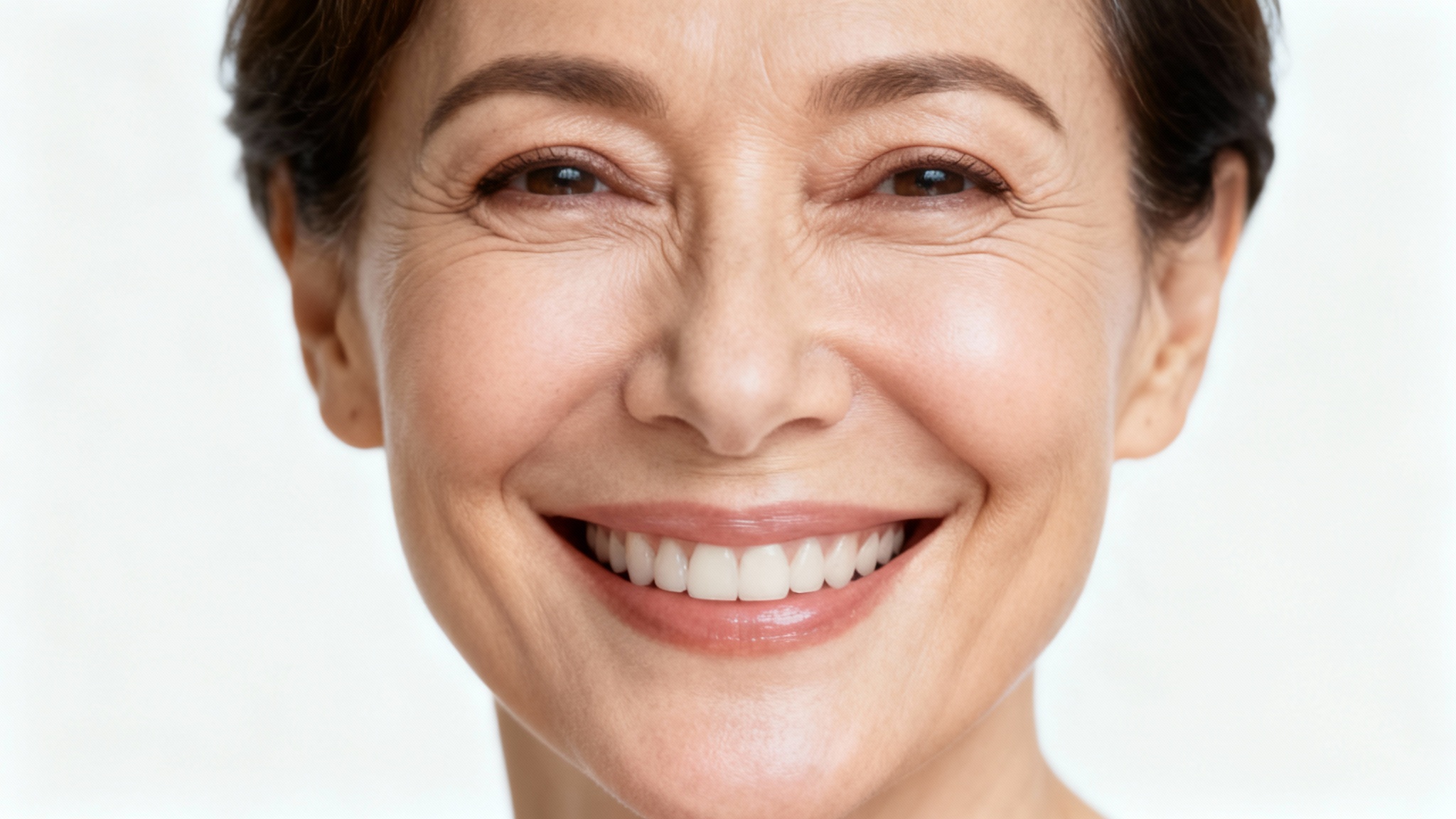 A close-up portrait of a smiling middle-aged woman with smooth, youthful skin around her mouth, demonstrating the effect of removing laugh lines.