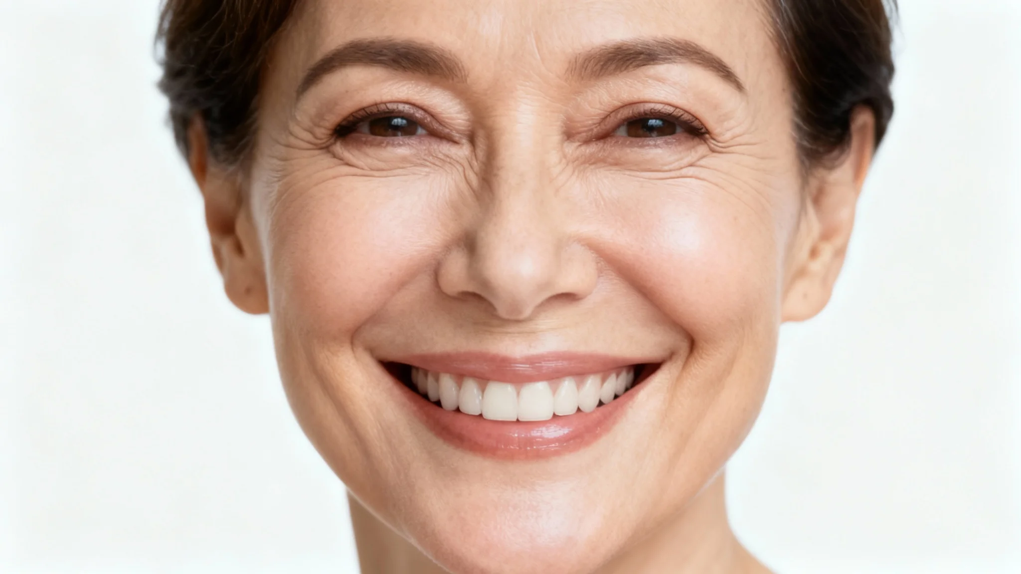 A close-up portrait of a smiling middle-aged woman with smooth, youthful skin around her mouth, demonstrating the effect of removing laugh lines.