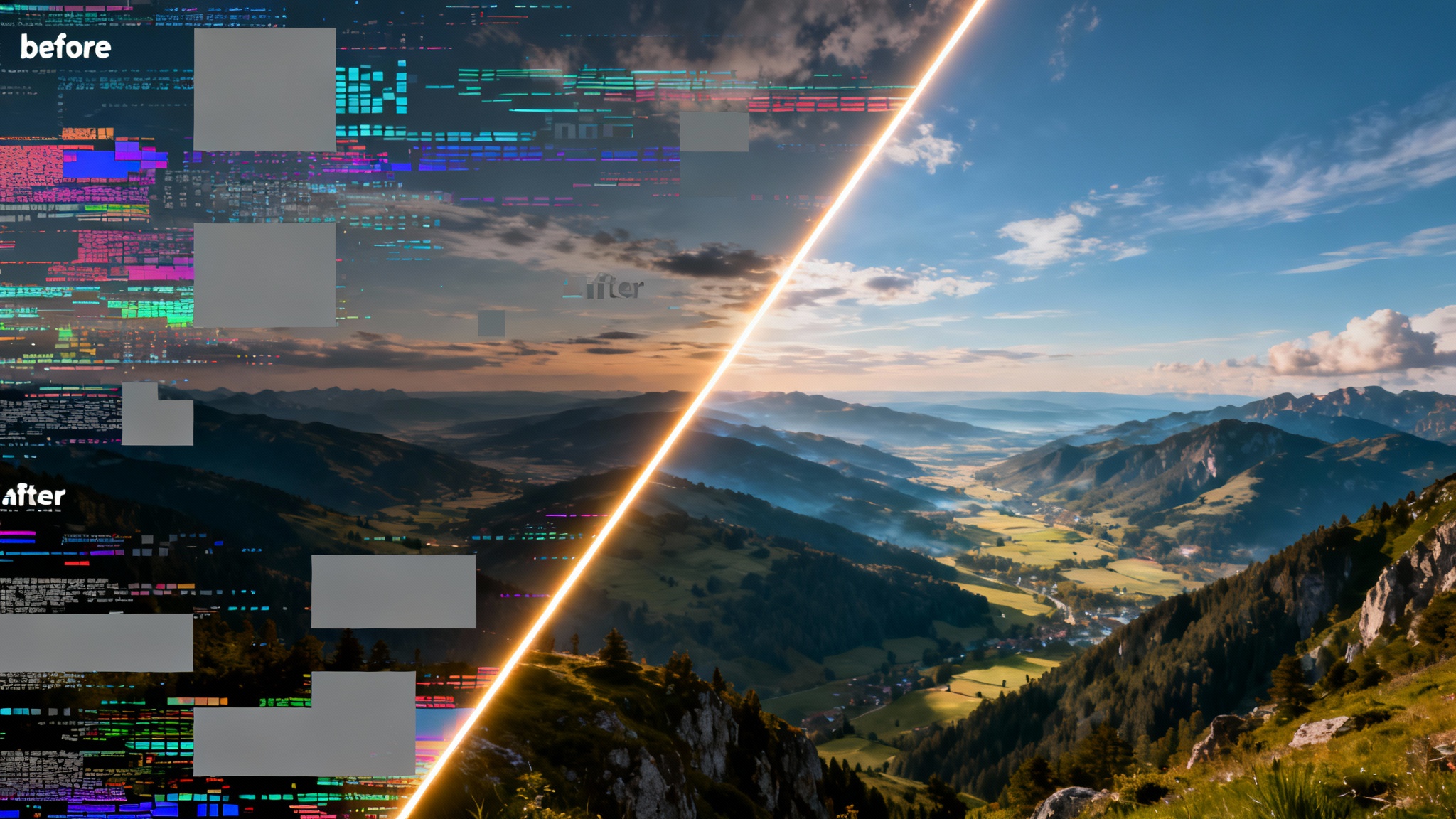 A before-and-after image demonstrating an image repair tool. The left side shows a corrupted, pixelated landscape photo, and the right side shows the same photo perfectly restored, clear, and vibrant.
