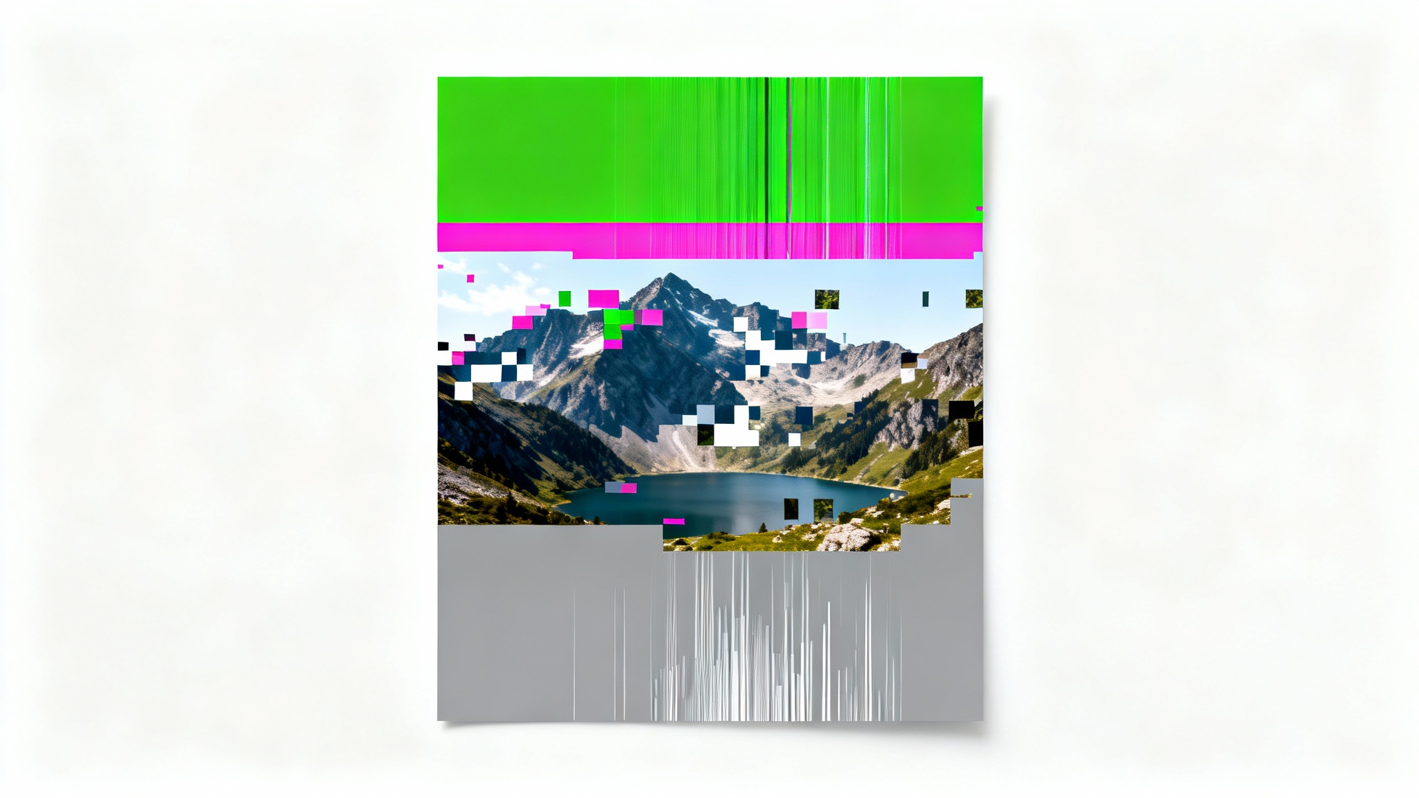 A digital photo of a mountain scene that is heavily corrupted with large colored blocks, pixelation, and grey areas representing lost data, shown against a plain white background.