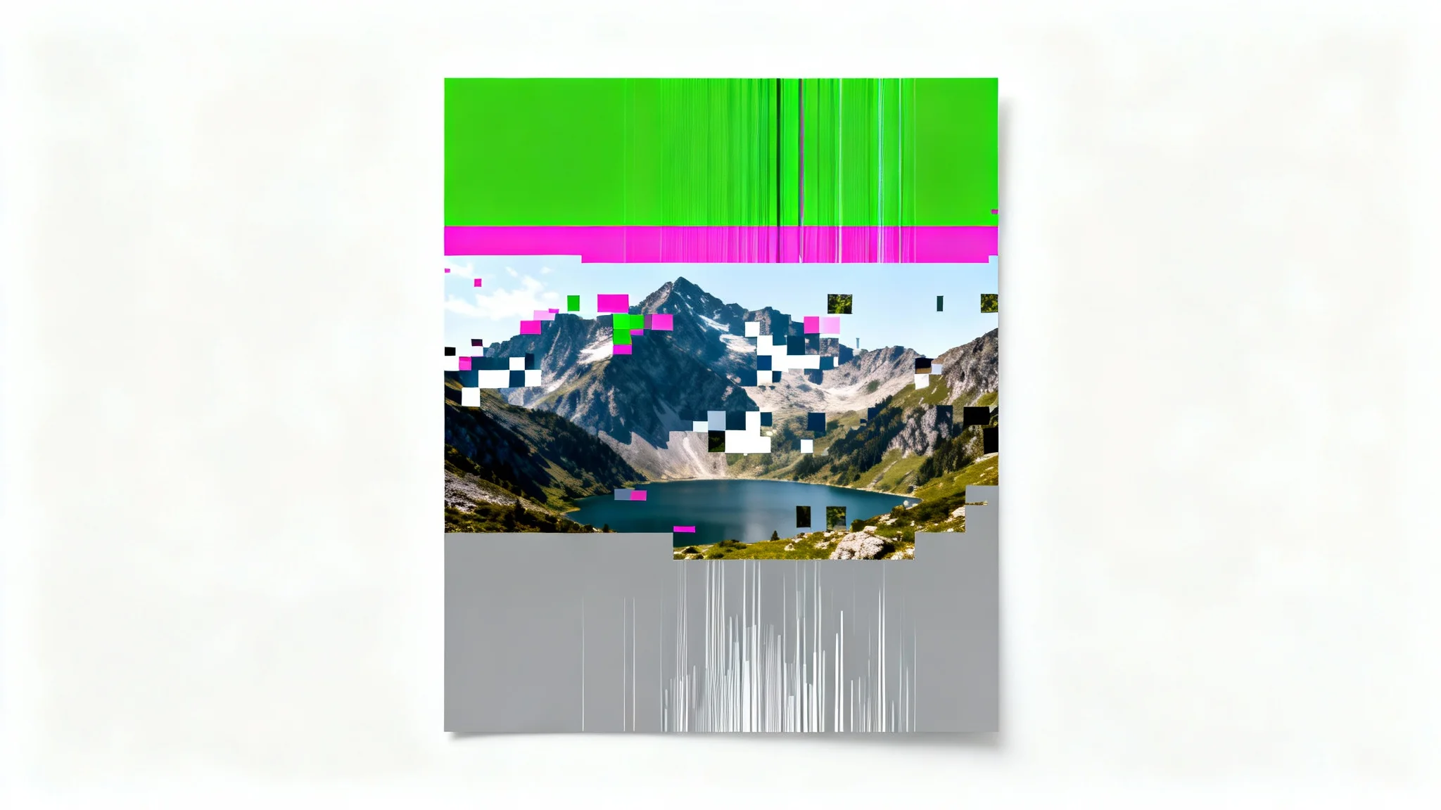 A digital photo of a mountain scene that is heavily corrupted with large colored blocks, pixelation, and grey areas representing lost data, shown against a plain white background.