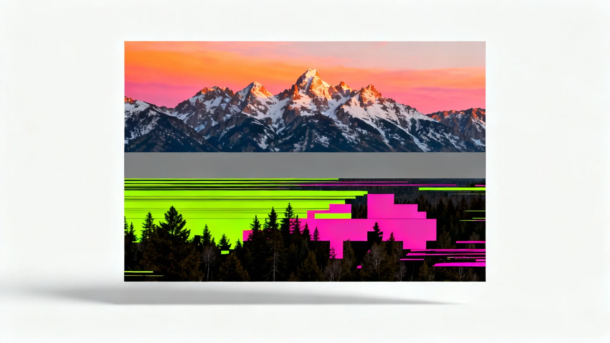 A digital photo of a mountain landscape that is partially corrupted. The top half is clear, showing mountains at sunrise, while the bottom half is distorted with colorful glitches, pixelation, and gray bars, symbolizing a damaged image file.