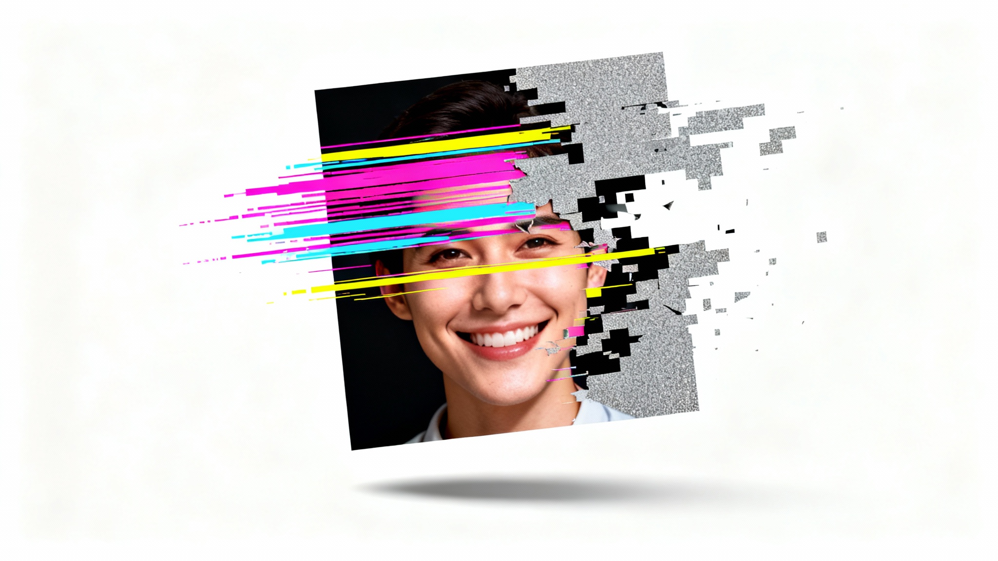 A portrait photograph that is visibly corrupted, showing digital glitches, colored static bars, and pixelated blocks obscuring the person's face, symbolizing a damaged file.