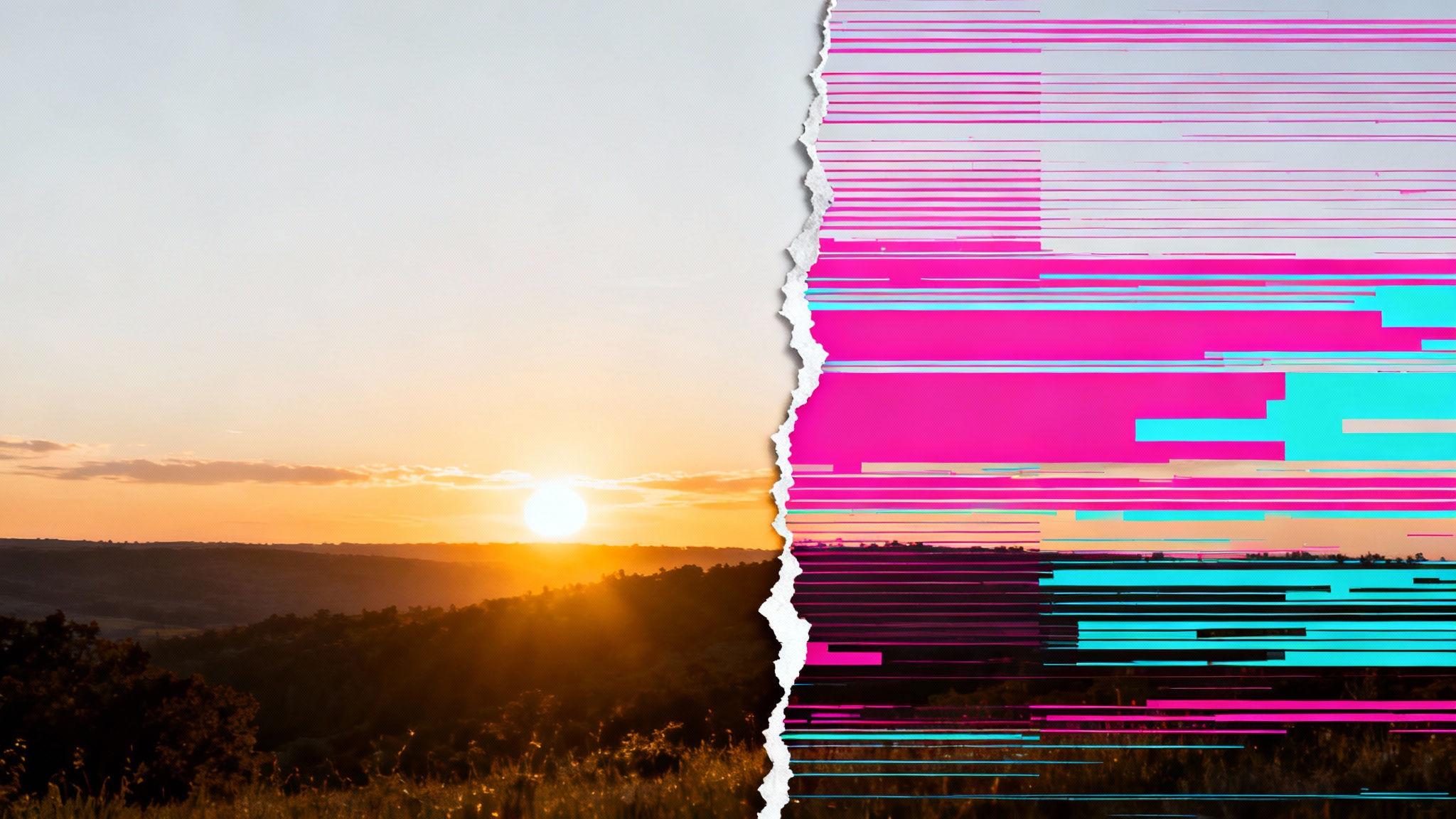 A mockup of a landscape photo that is half-perfect and half-corrupted. One side shows a clear sunset, while the other is covered in digital glitches, color blocks, and pixelation, representing a corrupted image file.