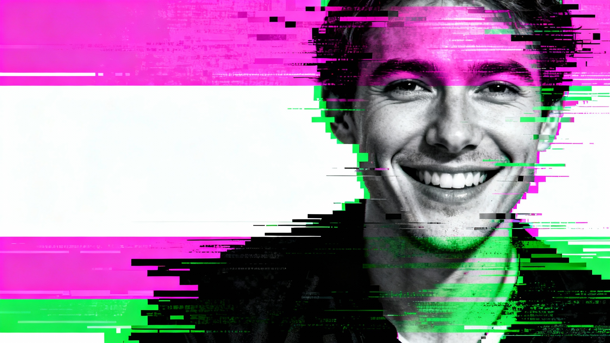 A photorealistic image of a digital portrait photo that is severely corrupted with colorful blocks, pixelation, and glitchy lines, symbolizing a damaged file.