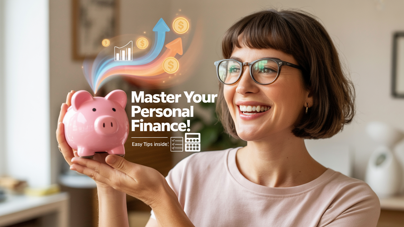 A vibrant YouTube thumbnail for a personal finance video. A cheerful woman with glasses holds a piggy bank on the left, set against a colorful gradient background with money-related icons. Bold text in the center reads 'MASTER YOUR PERSONAL FINANCE! Easy Tips Inside!'.