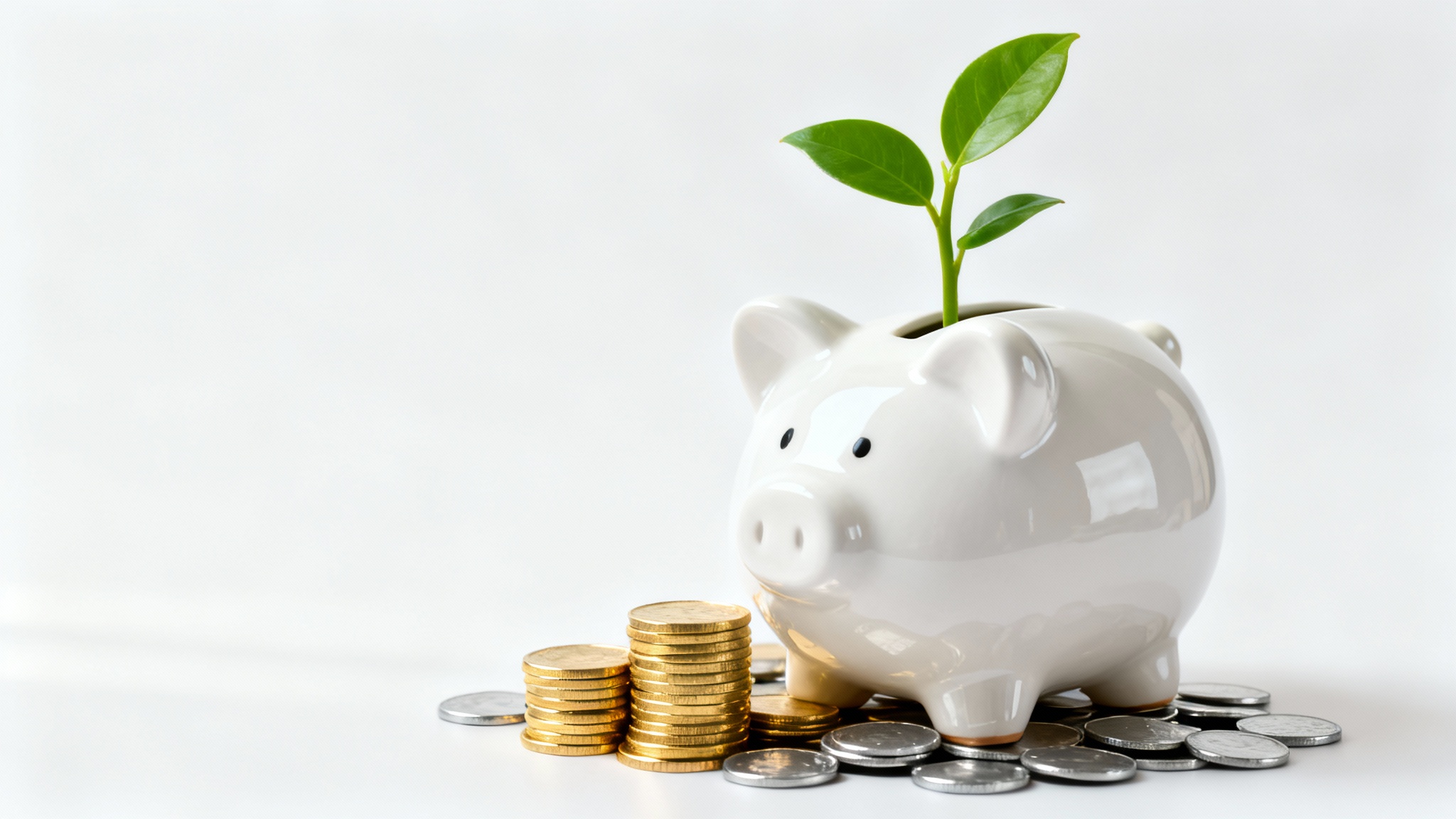 A modern white piggy bank on a white background, with a small green plant growing out of its coin slot, symbolizing financial growth and savings. A stack of gold coins sits beside it.