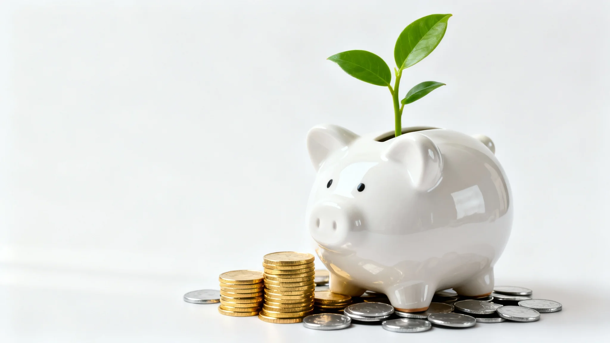 A modern white piggy bank on a white background, with a small green plant growing out of its coin slot, symbolizing financial growth and savings. A stack of gold coins sits beside it.