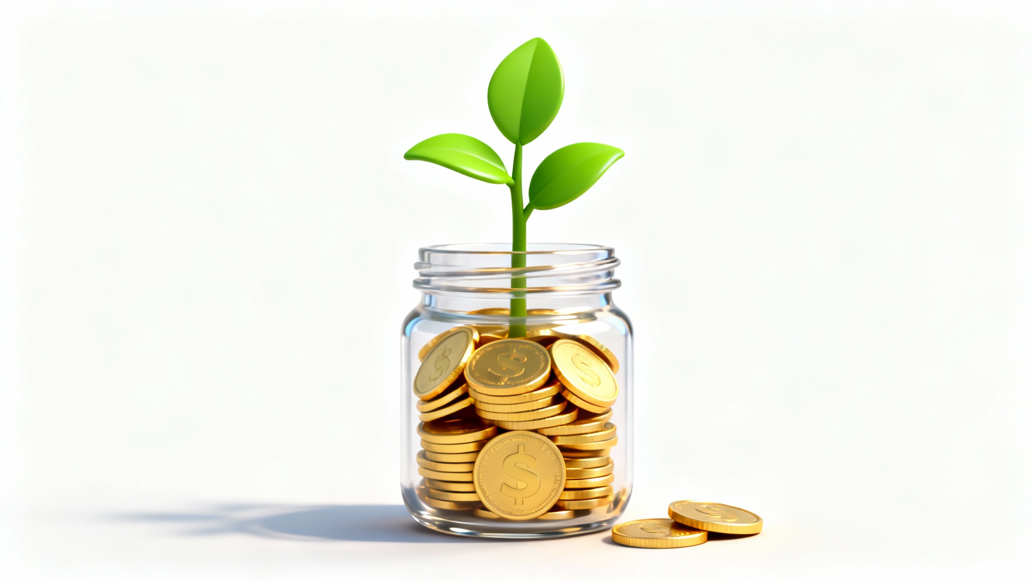 A 3D icon representing personal finance, showing a clear glass jar with gold coins and a small green plant growing out of them, all on a clean white background.
