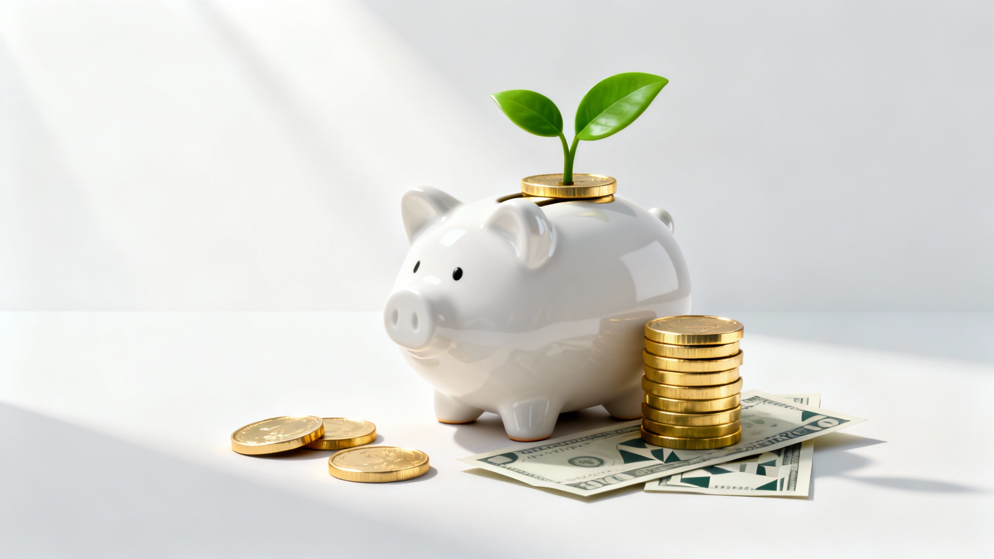 A 3D illustration of a piggy bank next to a stack of gold coins with a small plant growing out of it, symbolizing savings and financial growth.