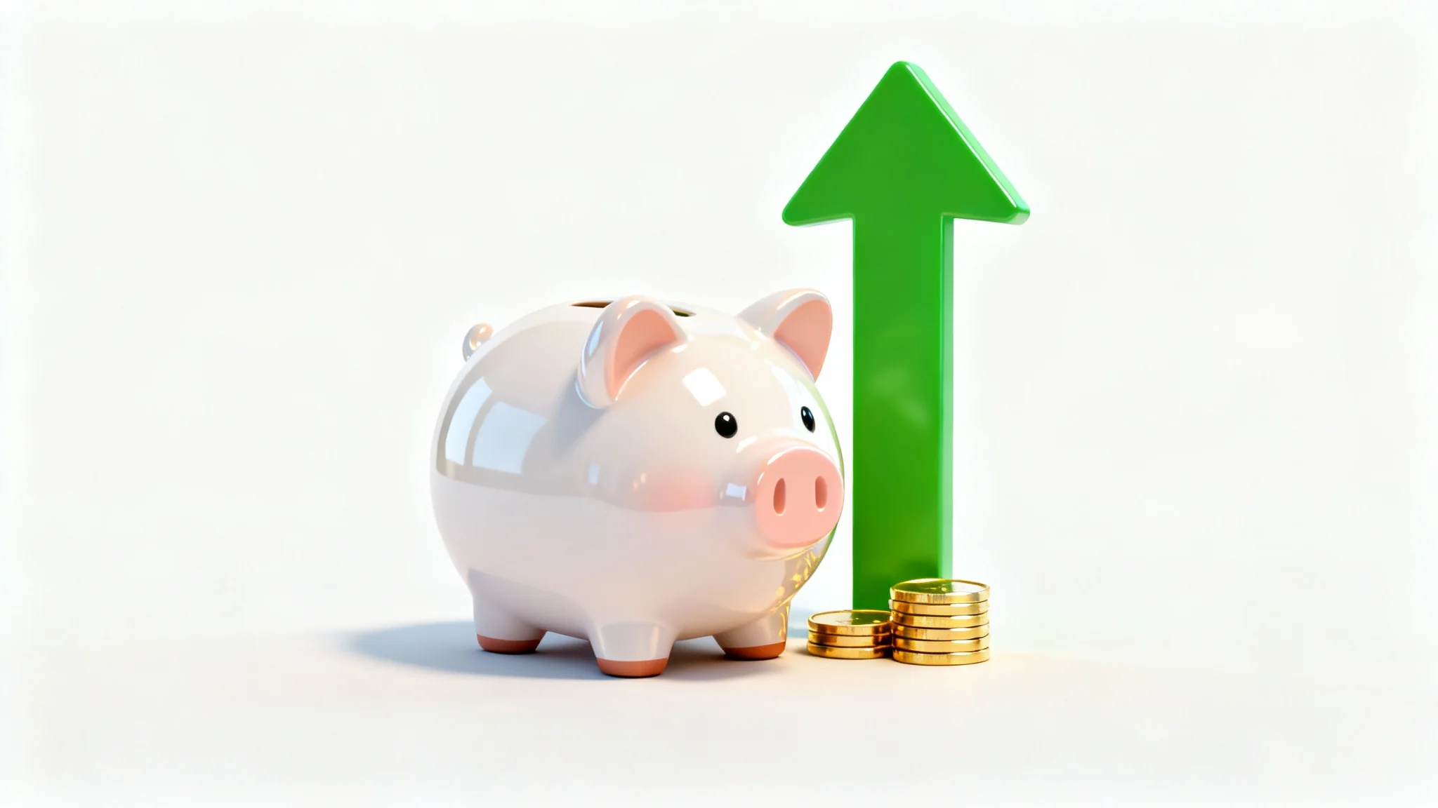 A 3D graphic of a piggy bank, a stack of gold coins, and a green arrow pointing up, symbolizing personal finance growth, on a white background.