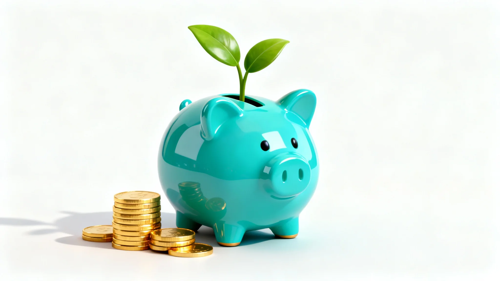 A 3D illustration of a turquoise piggy bank on a white background. A green plant grows from its coin slot, and a stack of gold coins sits next to it, symbolizing financial growth and savings.