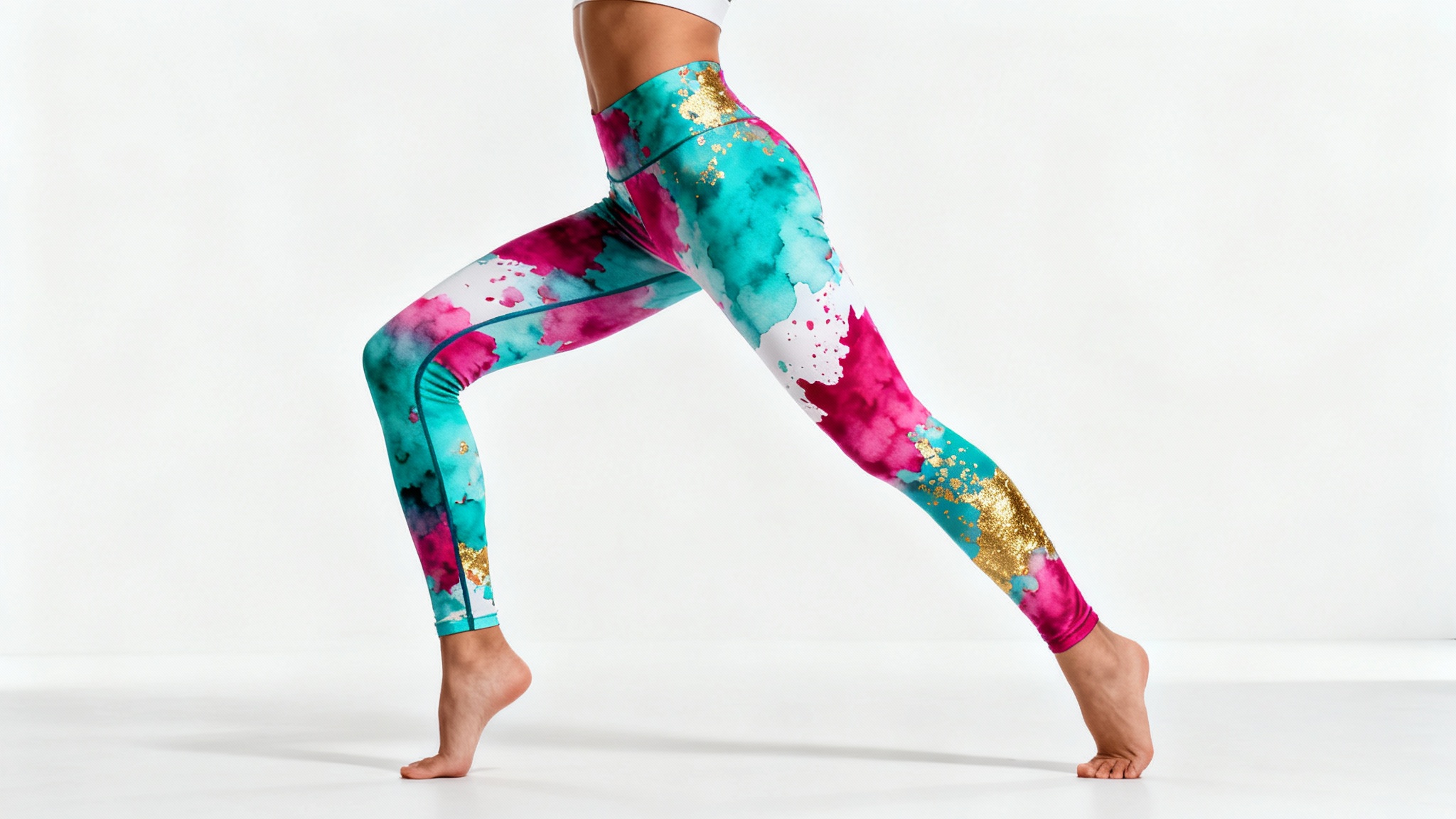 A model wearing custom-designed leggings with a vibrant abstract watercolor pattern, posing in a bright white photography studio.